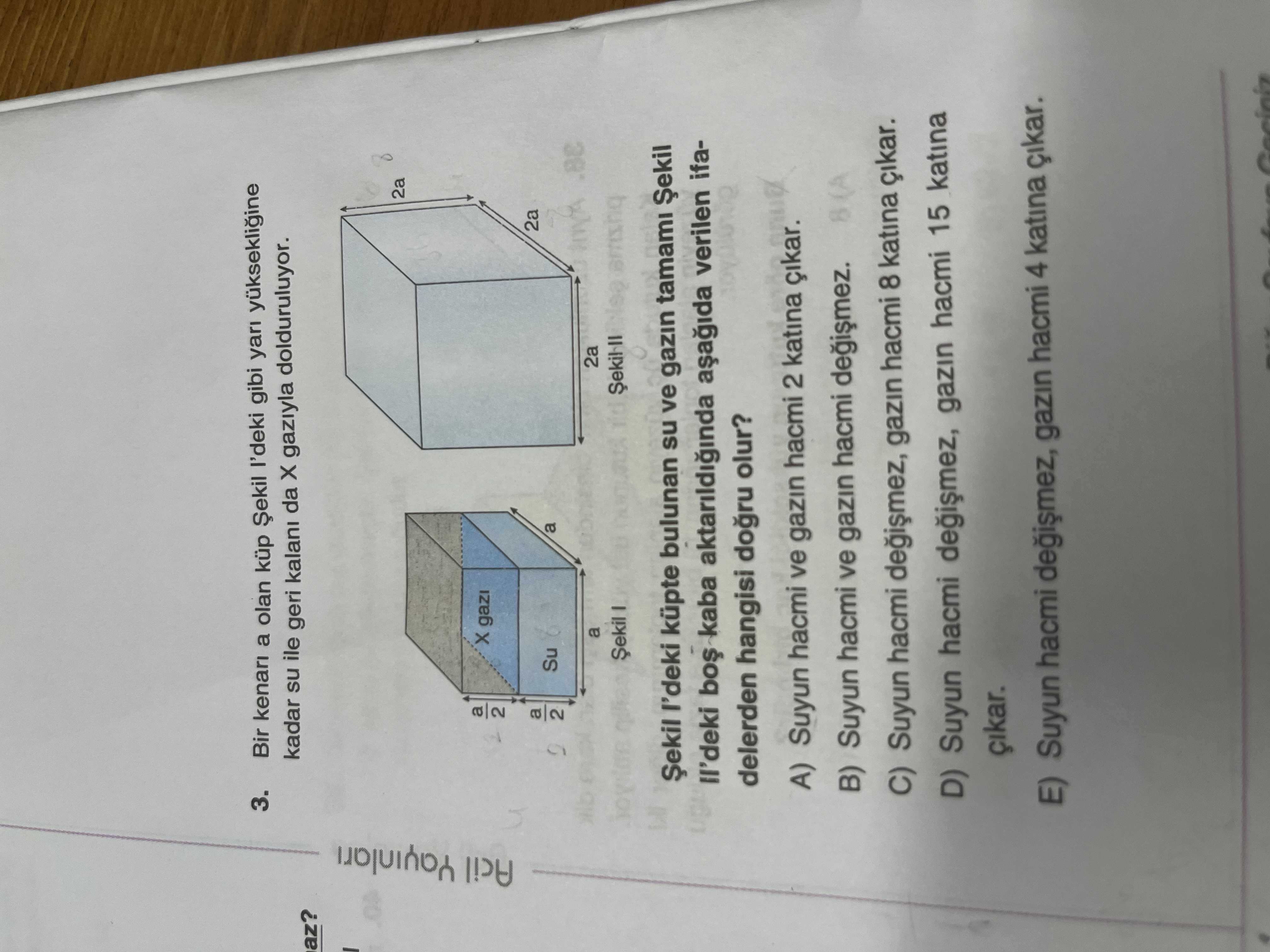 Bir kenarı a olan küp Şekil I'deki gibi yarı yüksekliğine kadar su ile ve geri kalanı da X gazıyla