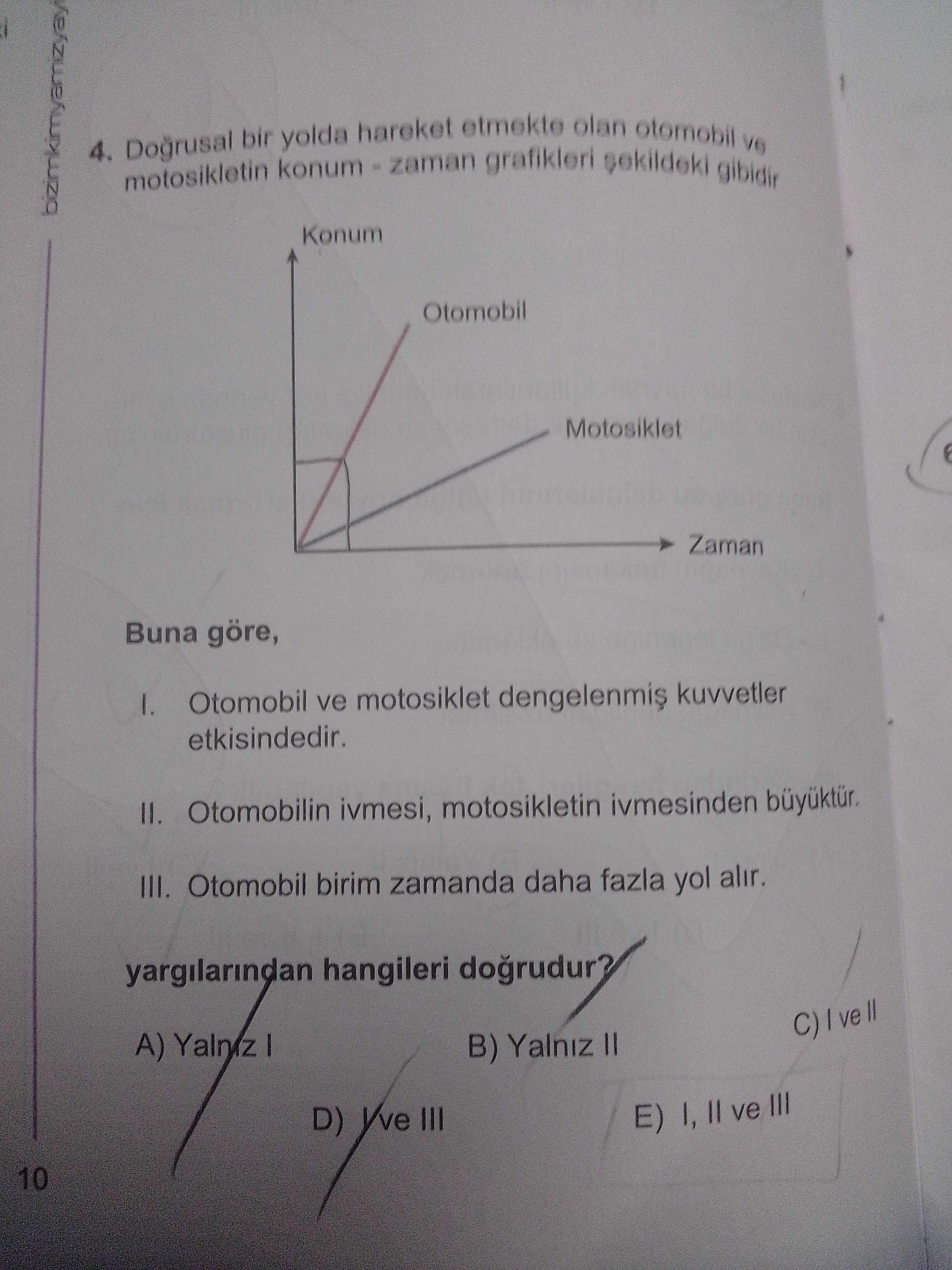 Doğrusal bir yolda hareket etmekte olan otomobil ve motosikletin konum - zaman grafikleri şekildeki