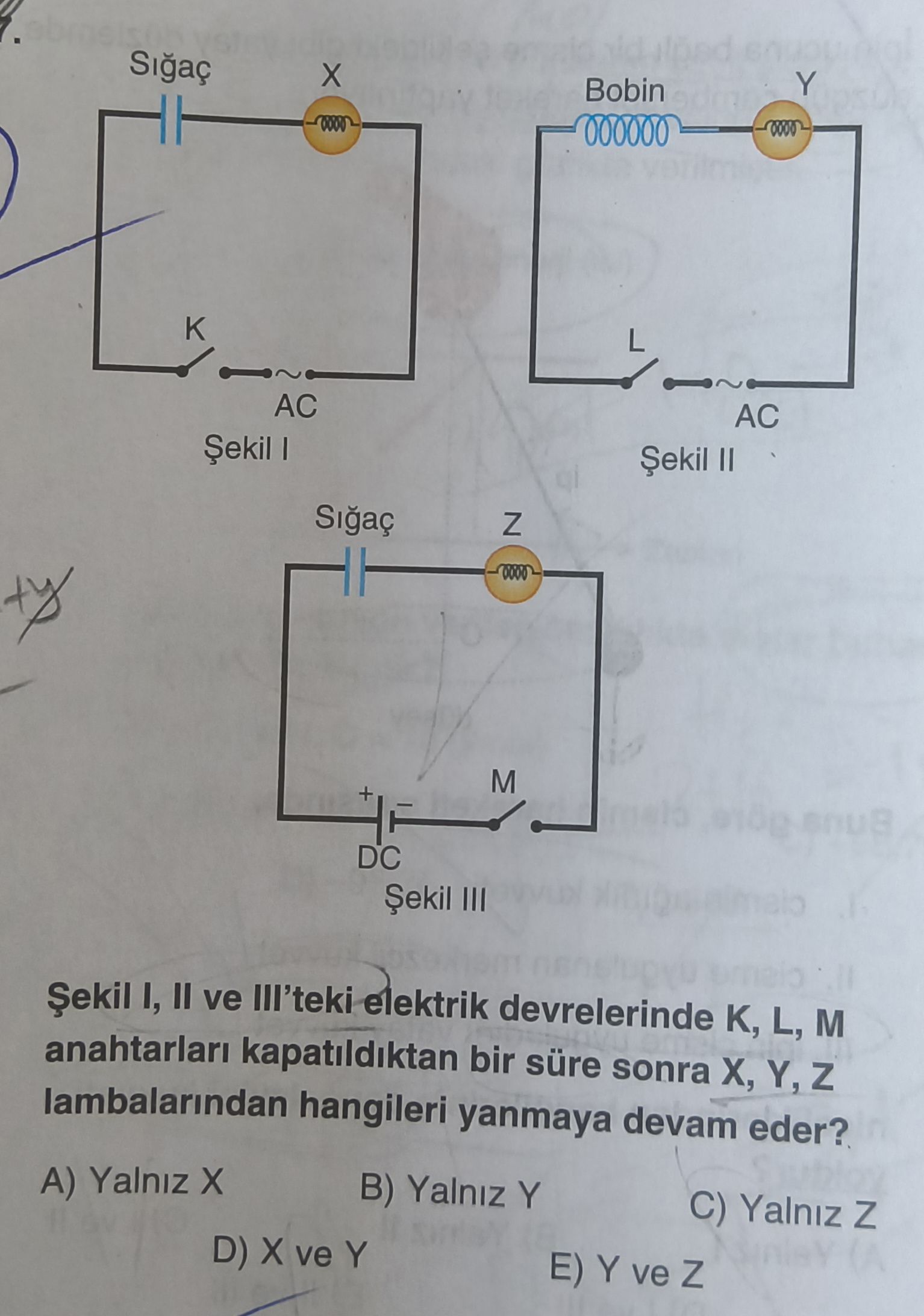 Şekil I, II ve III'teki elektrik devrelerinde K, L, M anahtarları kapatıldıktan bir süre sonra X, Y