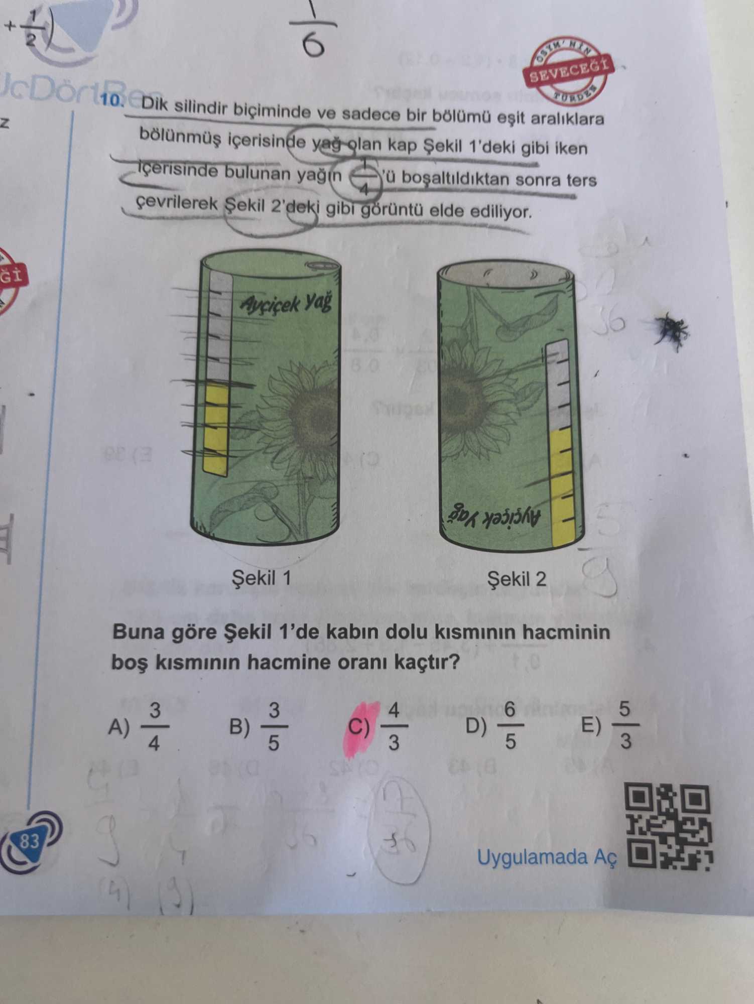 Dik silindir biçiminde ve sadece bir bölümü eşit aralıklara bölünmüş içerisinde yağ olan kap Şekil