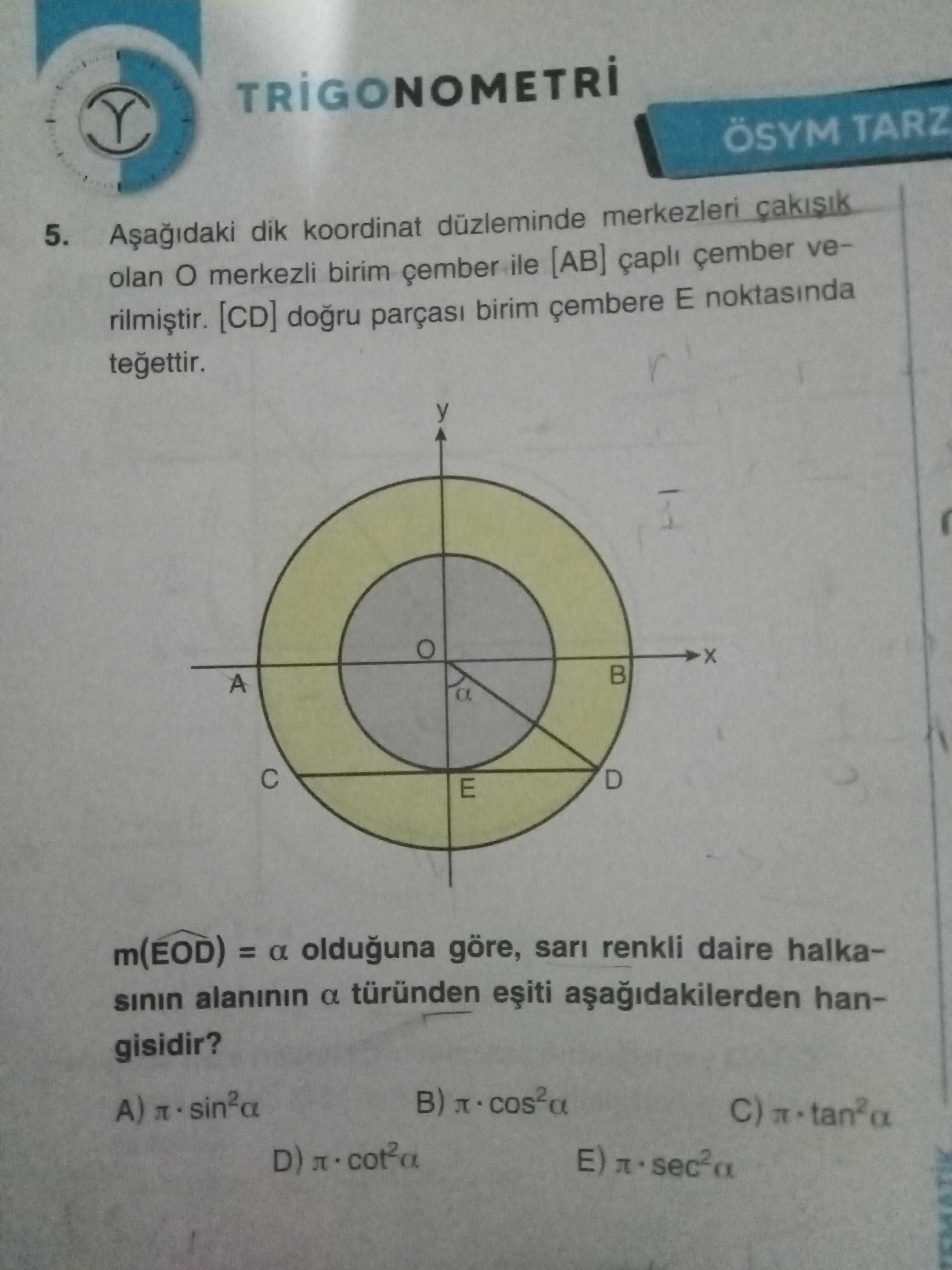 çaplı büyük çember), sarı renkli halka bölgesi, [CD] doğru parçası birim çembere E noktasında teğet