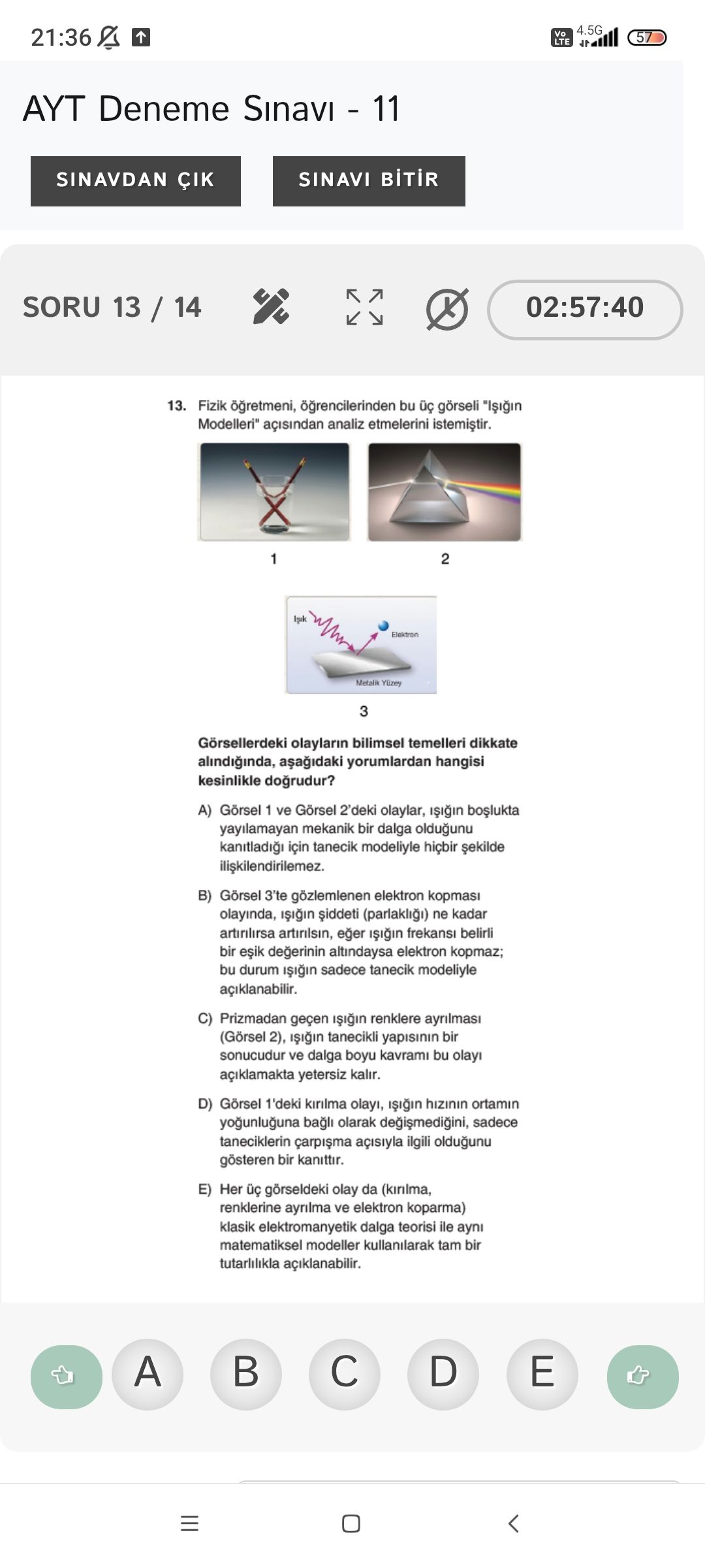 Fizik öğretmeni, öğrencilerinden bu üç görseli "Işığın Modelleri" açısından analiz etmelerini