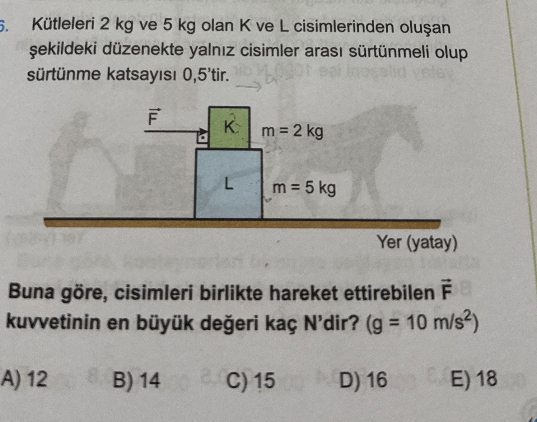 Kütleleri 2 kg ve 5 kg olan K ve L cisimlerinden oluşan şekildeki düzenekte yalnız cisimler arası