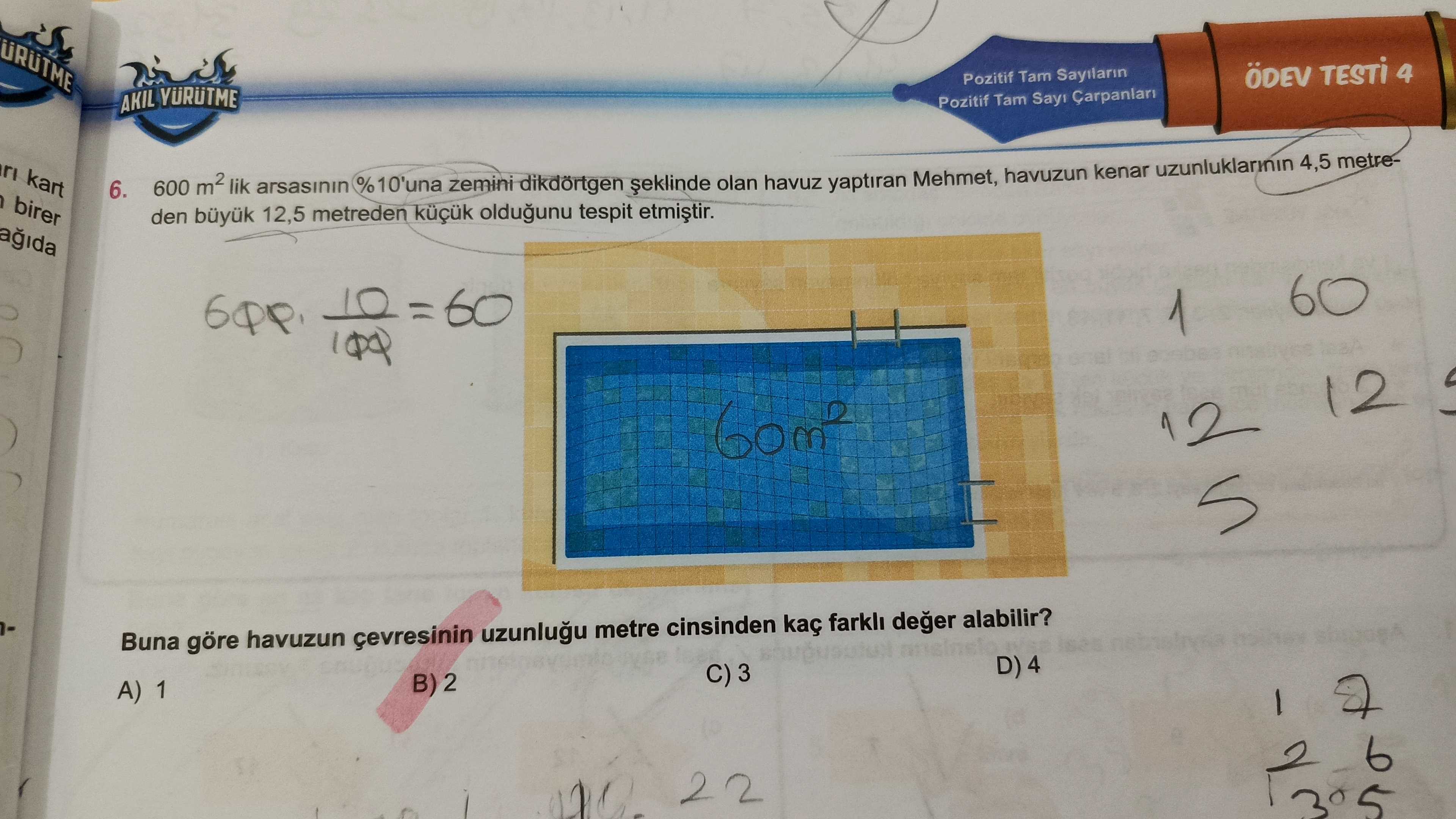 600 m² lik arsasının %10'una zemini dikdörtgen şeklinde olan havuz yaptıran Mehmet, havuzun kenar