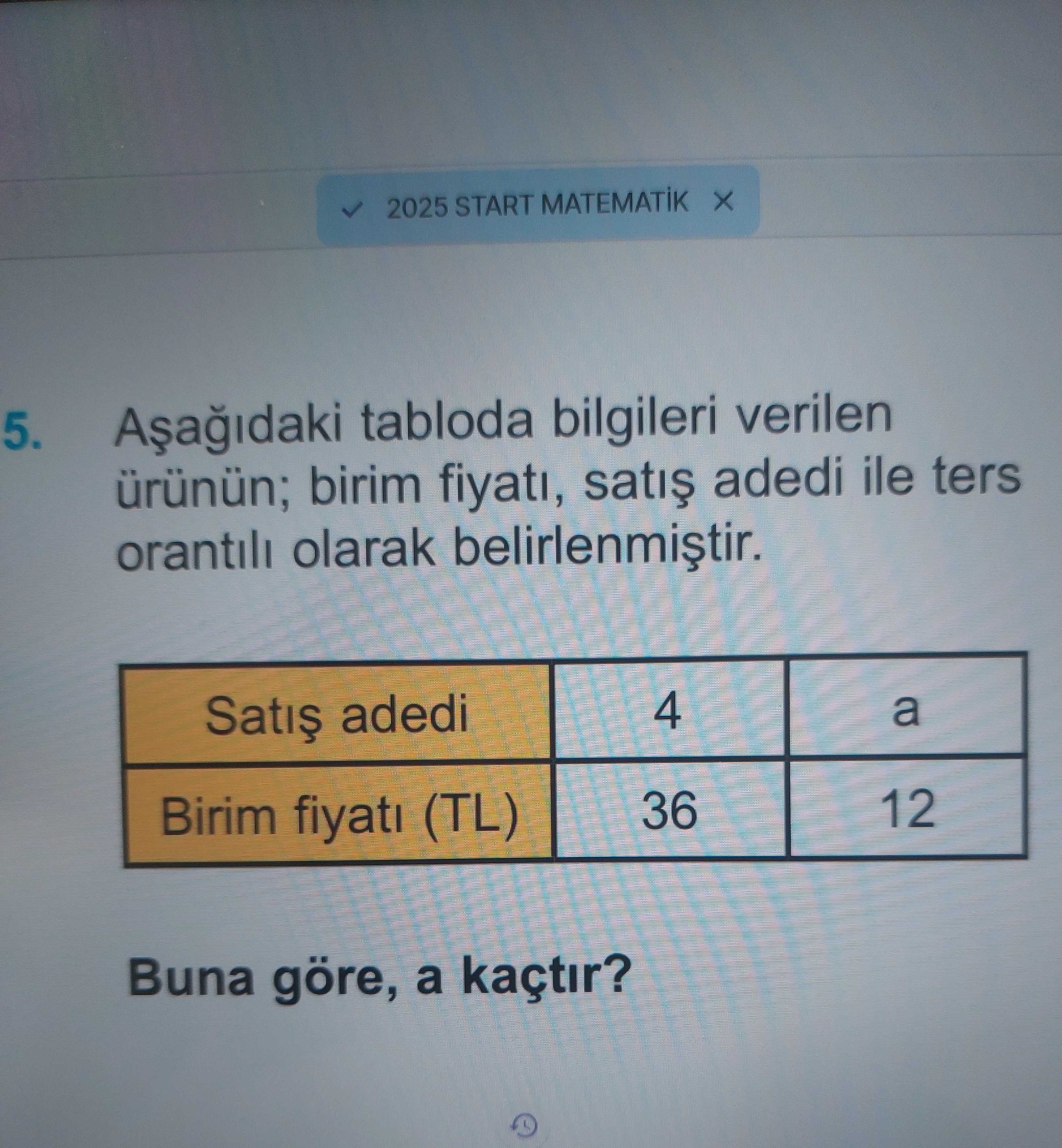Aşağıdaki tabloda bilgileri verilen ürünün; birim fiyatı, satış adedi ile ters orantılı olarak