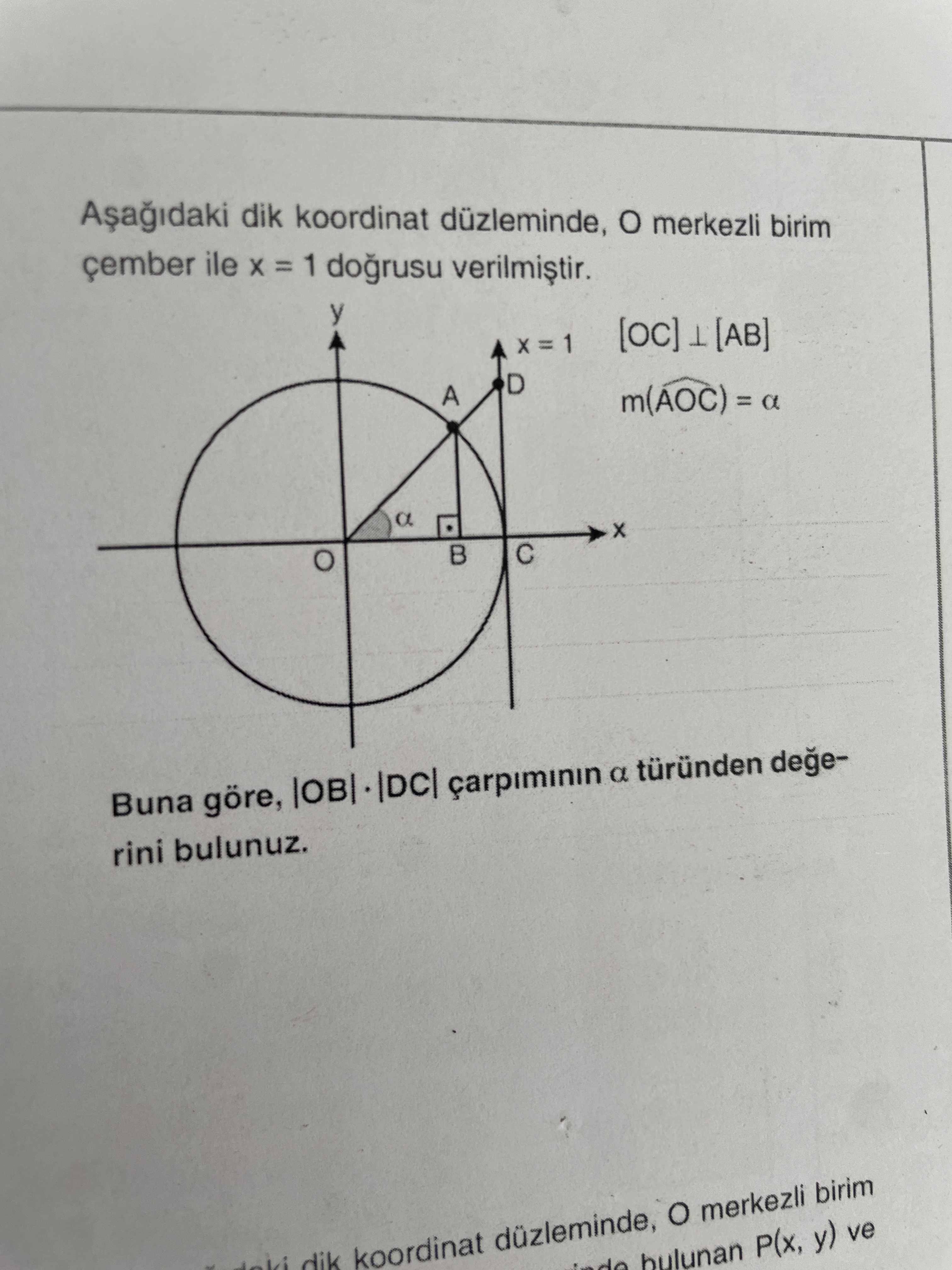 ⊥ [AB] ve m(AOC) = α bilgileri verilmiş] Aşağıdaki dik koordinat düzleminde, O merkezli birim çember