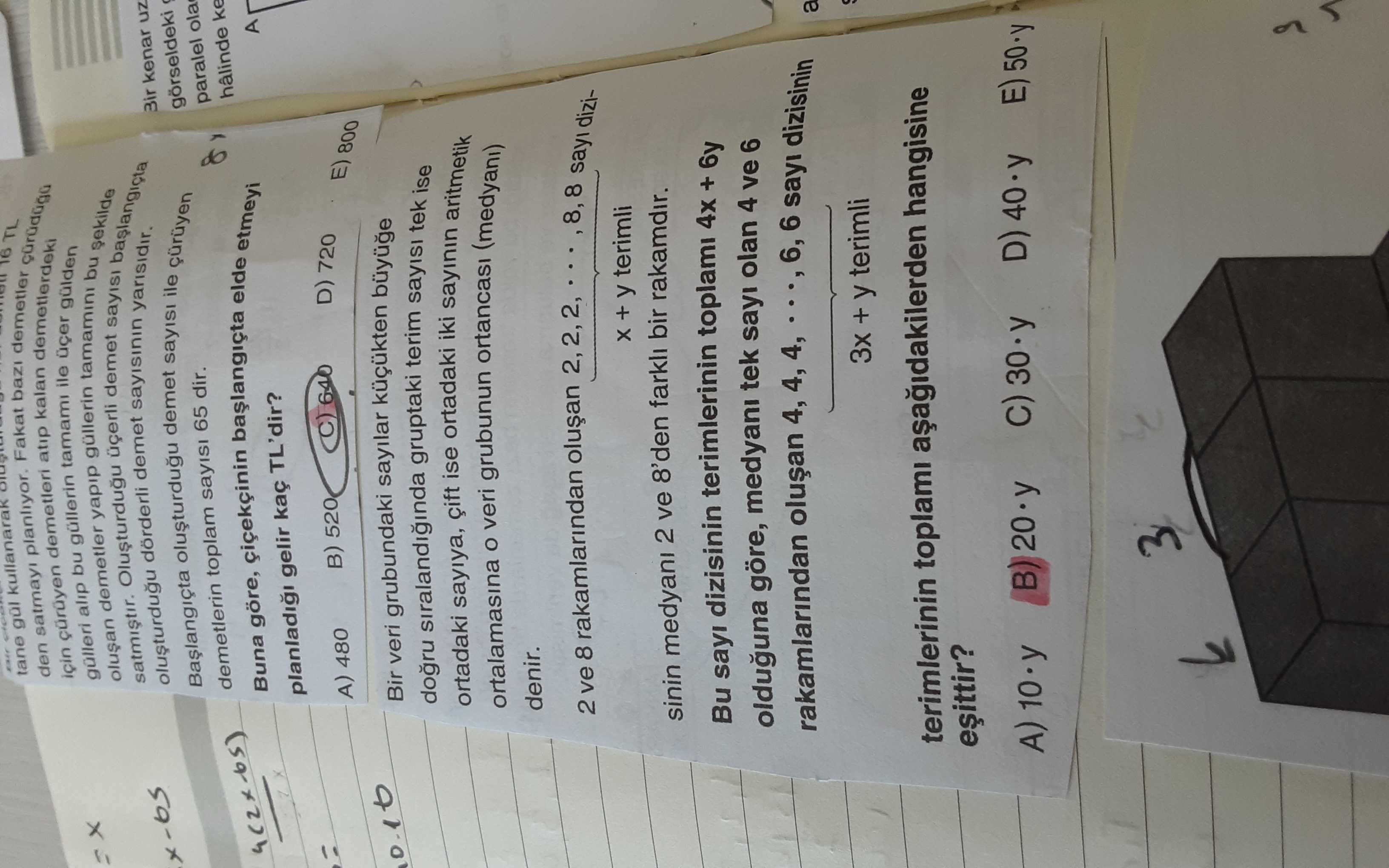 Gül tane 16 TL Fakat demetler satmayi den gülleri alip demetler bu demetleri güllerin yapip tamami atip güllerin kalan ile tamamini demetlerdeki gülden bu satmistir. demet üçerli demet sayisi yarisidir. ile Bir kenar uz demetlerin toplam sayisi 65 dir. Buna göre, elde etmeyi paralel hâlinde A planladigi gelir kaç TL'dir. 520 64 D) 720 A) 480 E) 800 Bir veri grubundaki sayilar küçükten siralandiginda gruptaki terim sayisi tek ise ortadaki sayiya, ise ortadaki iki sayinin aritmetik ortalamasina veri grubunun denir. 2 ve 8 rakamlarindan 2,2,2, sayi dizi- + terimli sinin medyani 2 ve 8'den farkli bir rakamdir. Bu sayi gül tane 16 TL Fakat demetler satmayi den gülleri alip demetler bu demetleri güllerin yapip tamami atip güllerin kalan ile tamamini demetlerdeki gülden bu satmistir. Bu sayi. ?? Model.Question.title