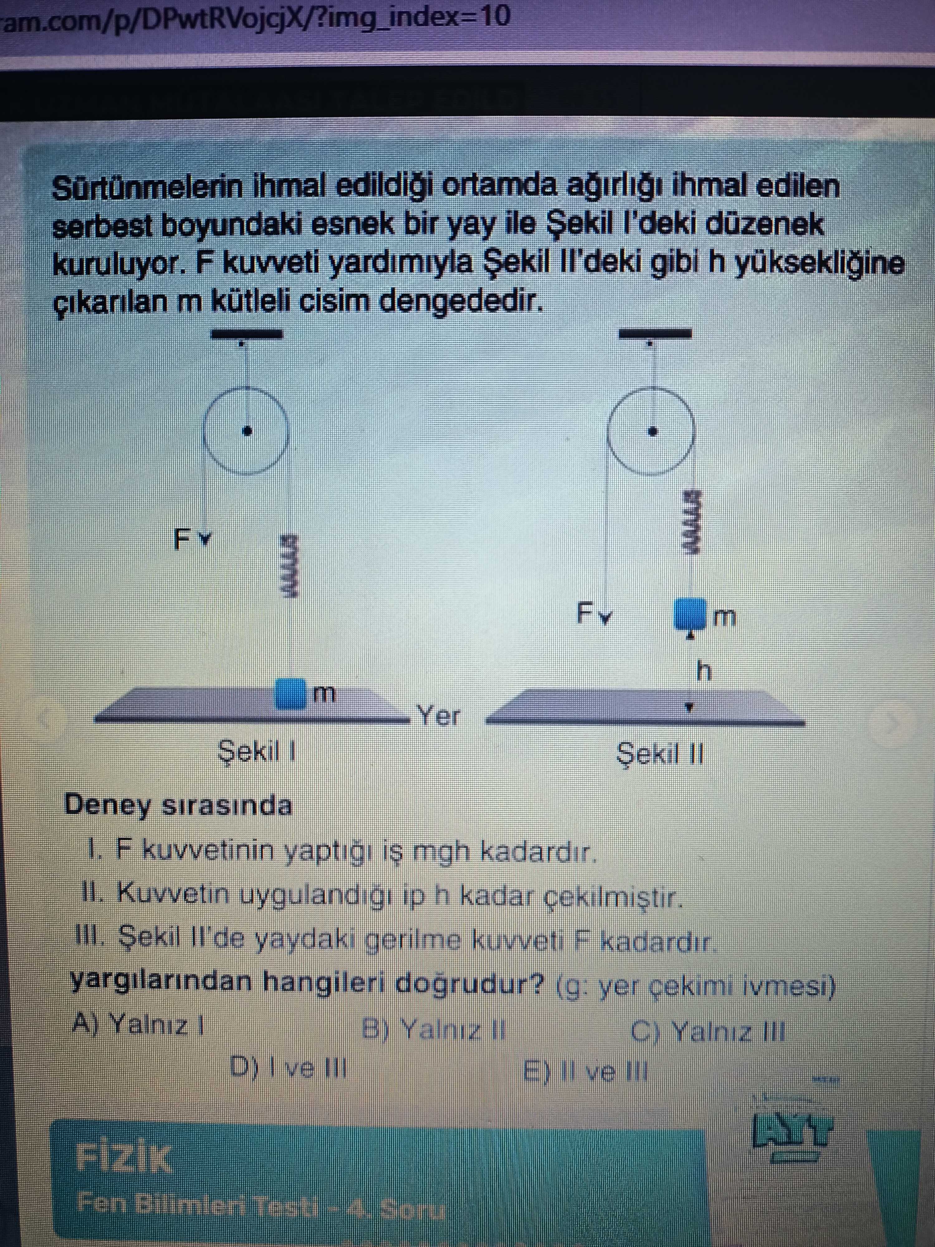 Sürtünmelerin ihmal edildiği ortamda ağırlığı ihmal edilen serbest boyundaki esnek bir yay ile Şekil