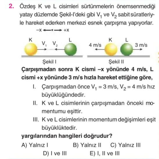 Özdeş K ve L cisimleri sürtünmelerin önemsenmediği yatay düzlemde Şekil-I'deki gibi V₁ ve V₂ sabit