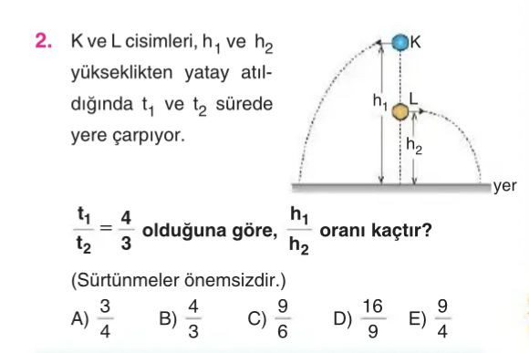 K ve L cisimleri, h₁ ve h₂ yükseklikten yatay atıldığında t₁ ve t₂ sürede yere çarpıyor. t₁/t₂ = 4/3