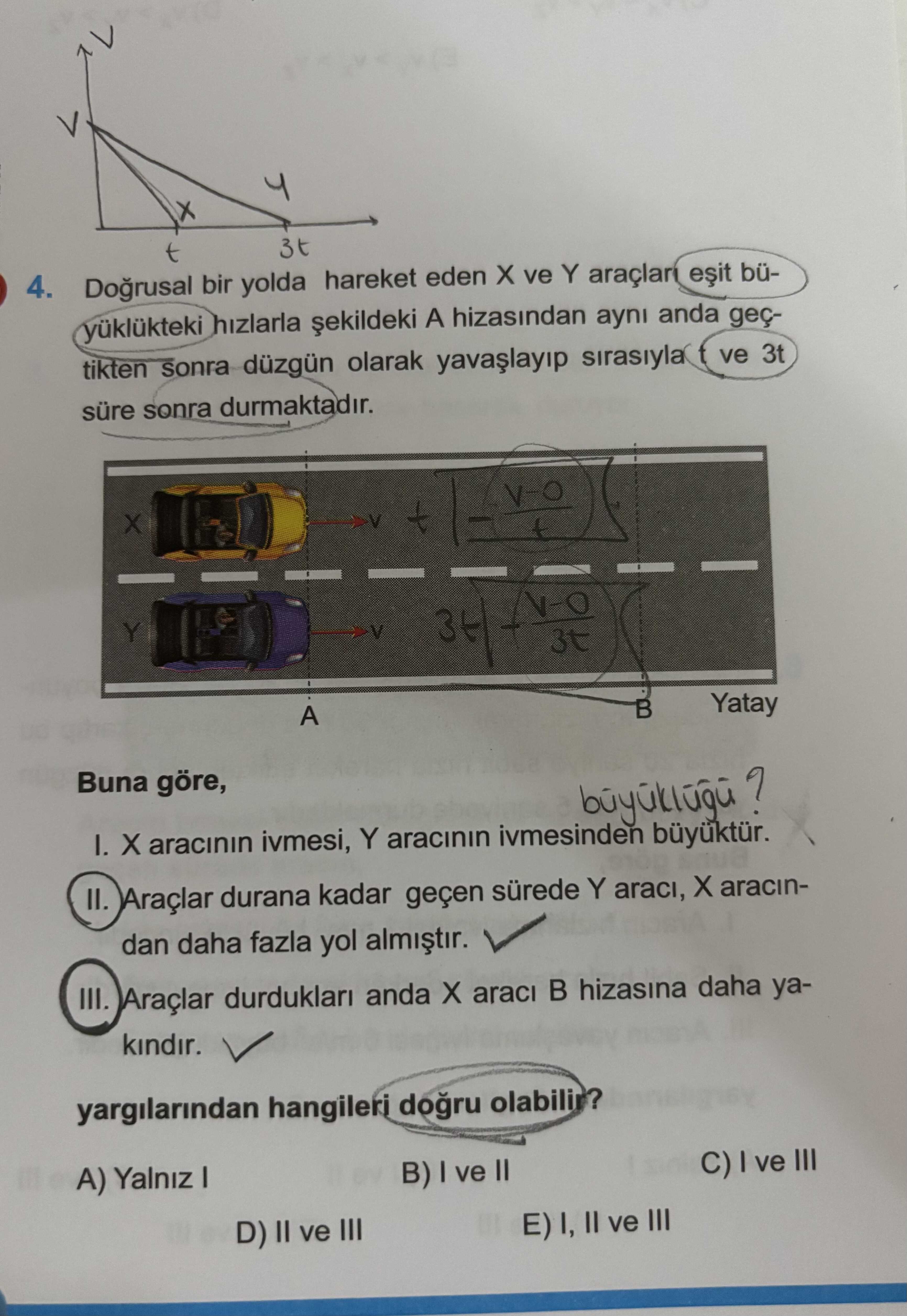 Doğrusal bir yolda hareket eden X ve Y araçları eşit büyüklükteki hızlarla şekildeki A hizasından
