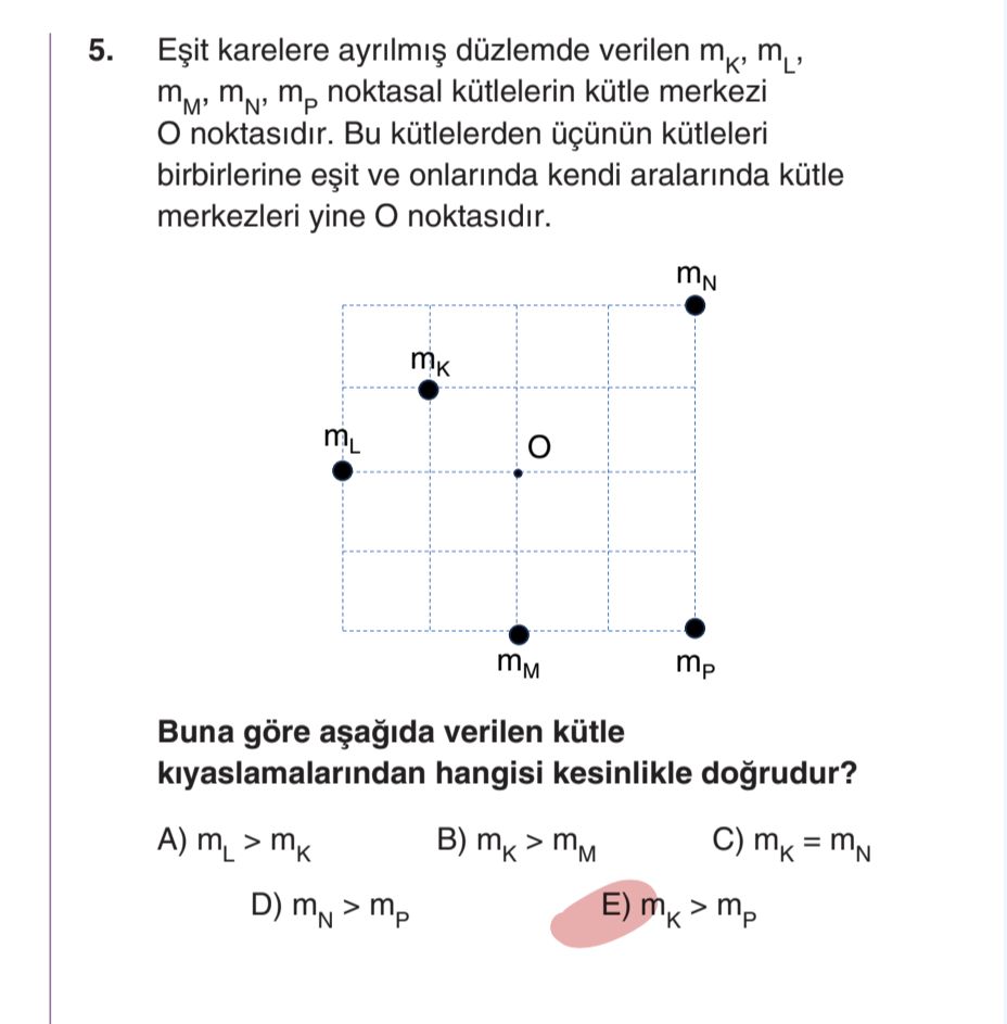 Eşit karelere ayrılmış düzlemde verilen m_K, m_L, m_M, m_N, m_P noktasal kütlelerin kütle merkezi O