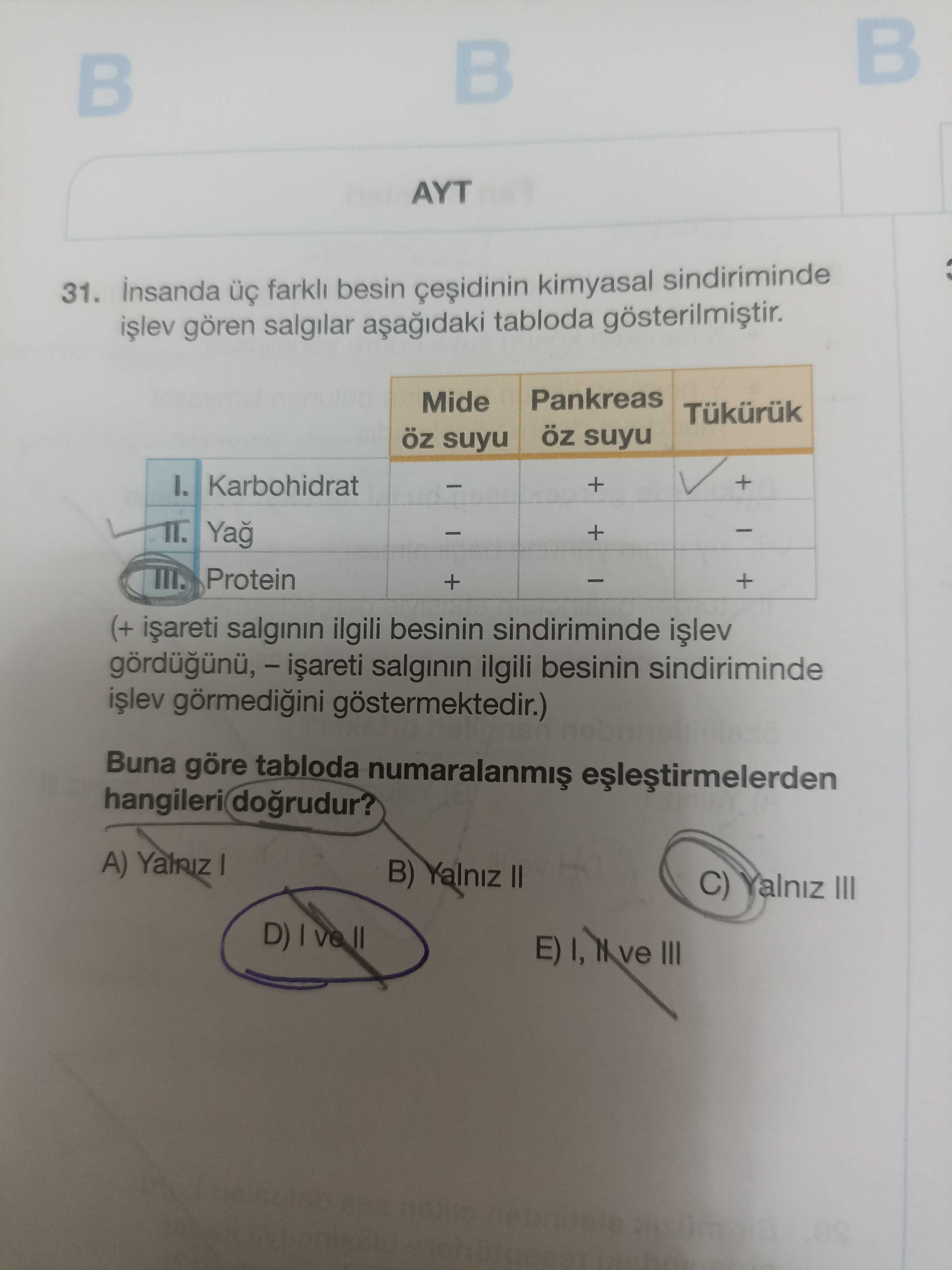 İnsanda üç farklı besin çeşidinin kimyasal sindiriminde işlev gören salgılar aşağıdaki tabloda
