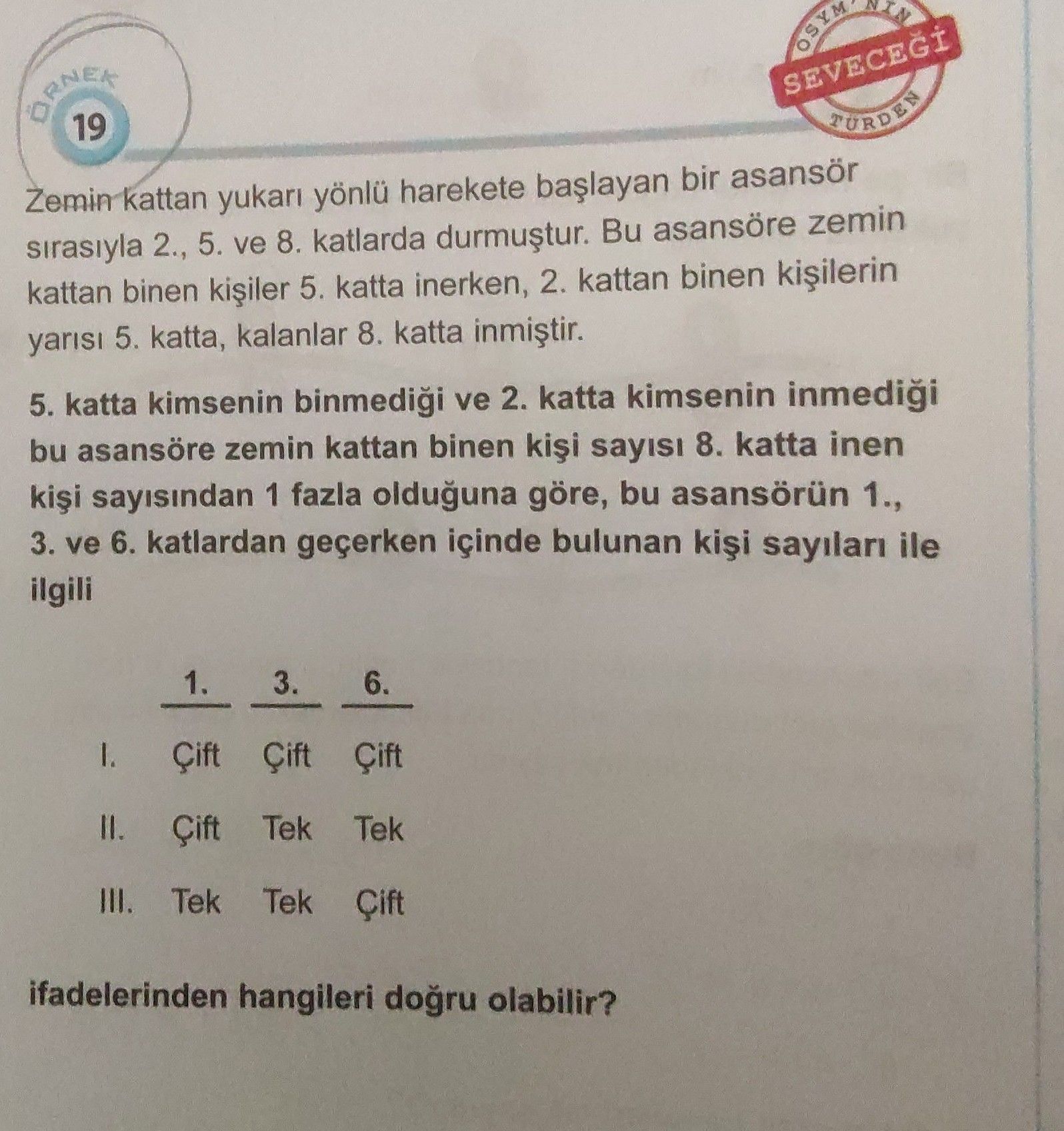 Zemin kattan yukarı yönlü harekete başlayan bir asansör sırasıyla 2., 5. ve 8. katlarda durmuştur