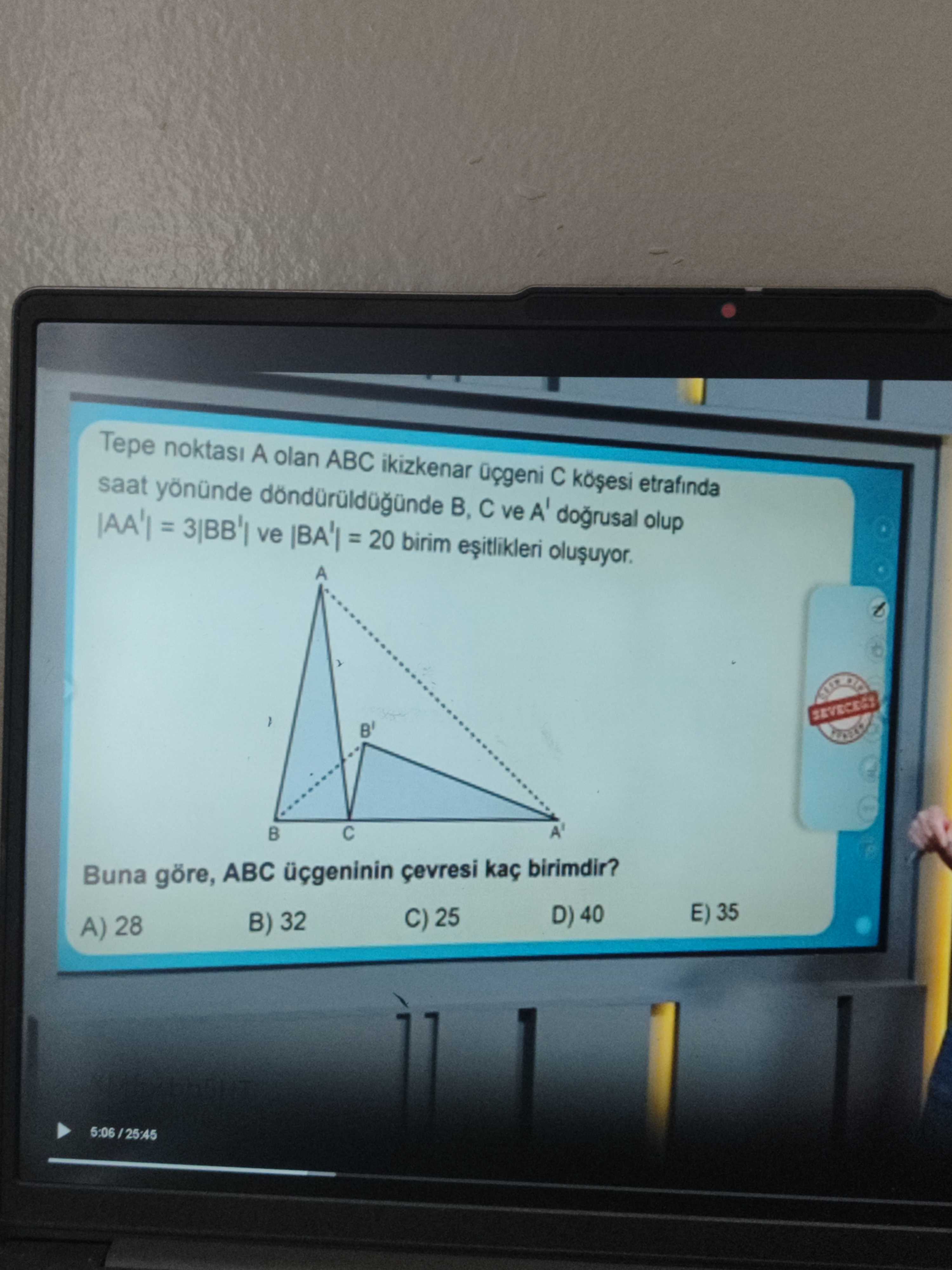 Tepe noktası A olan ABC ikizkenar üçgeni C köşesi etrafında saat yönünde döndürüldüğünde B, C ve A'