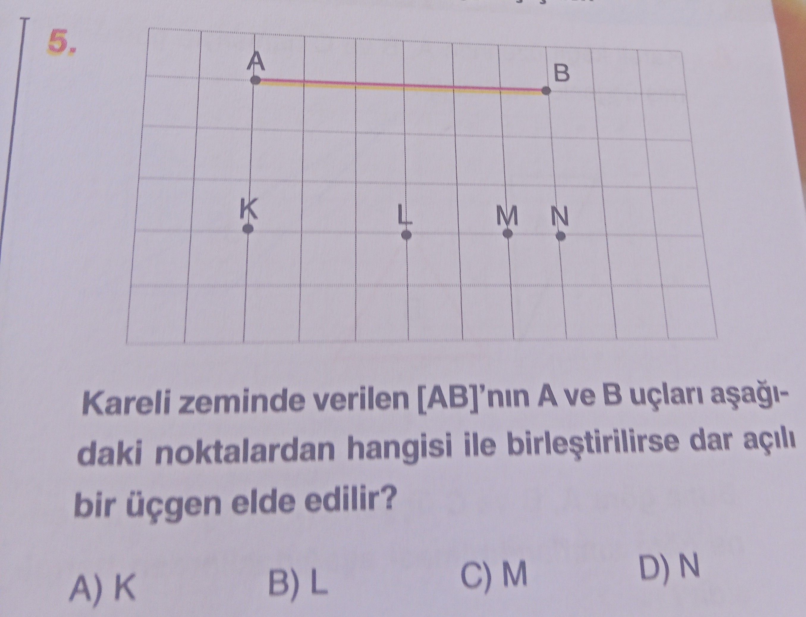 Kareli zeminde verilen [AB]'nın A ve B uçları aşağıdaki noktalardan hangisi ile birleştirilirse dar