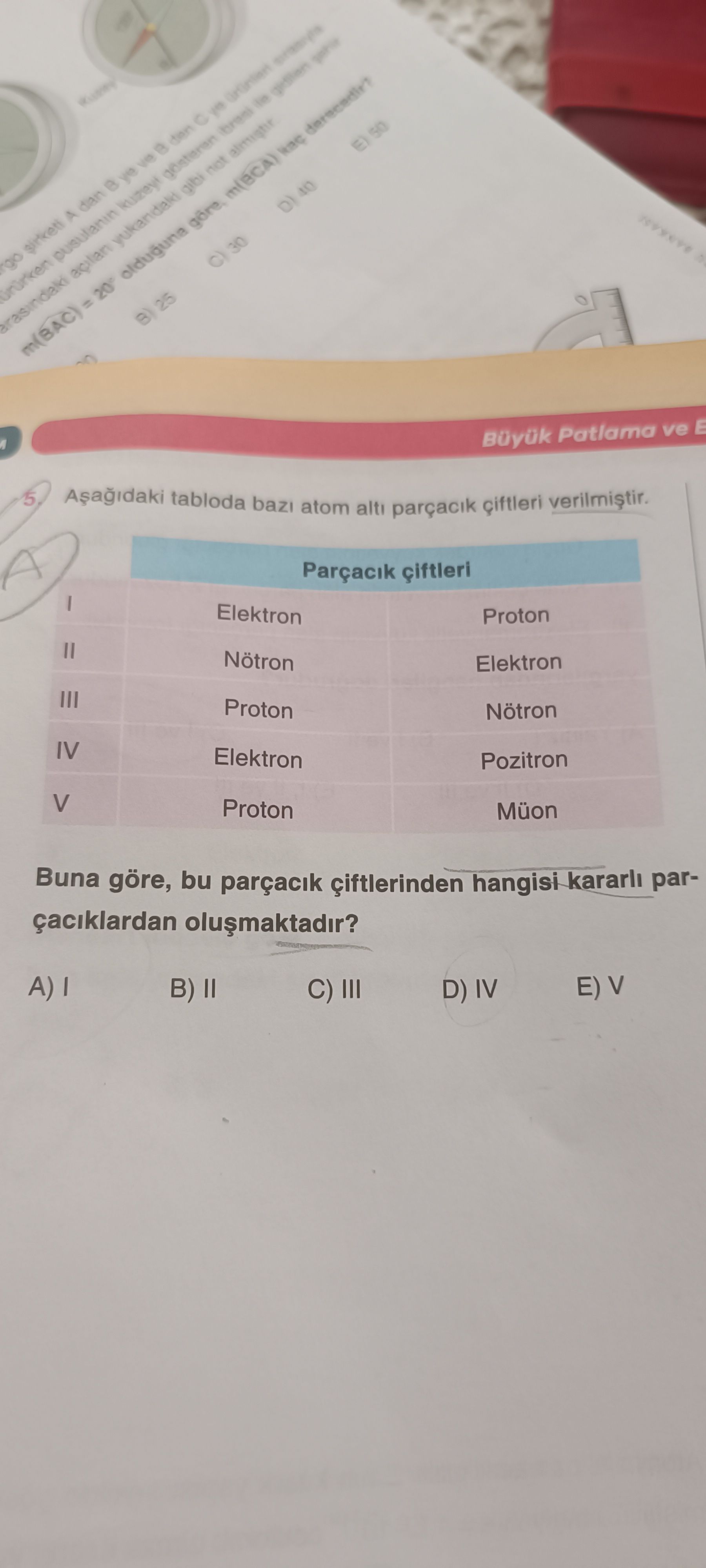 Aşağıdaki tabloda bazı atom altı parçacık çiftleri verilmiştir. Parçacık çiftleri I Elektron Proton
