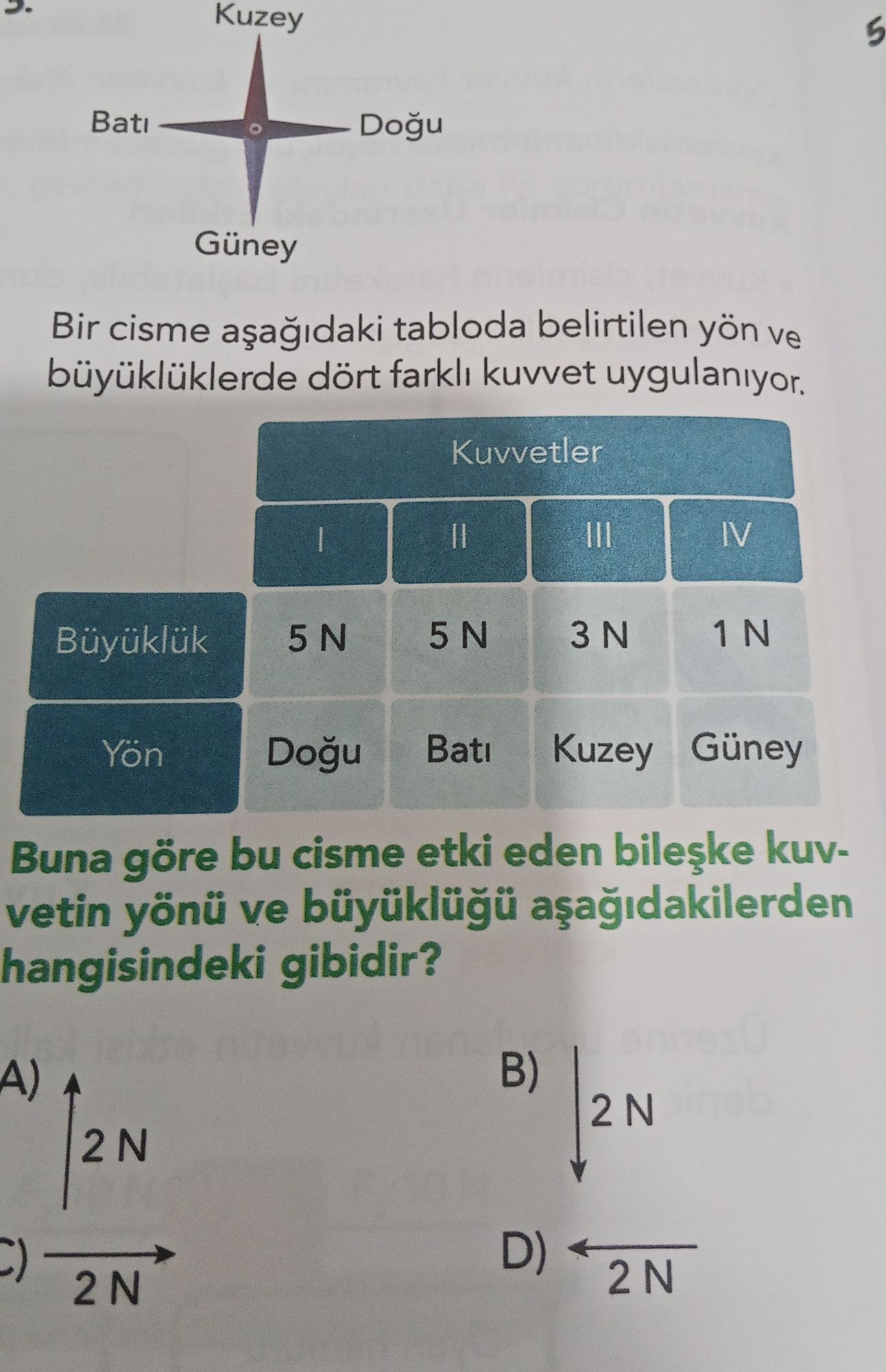 Bir cisme aşağıdaki tabloda belirtilen yön ve büyüklüklerde dört farklı kuvvet uygulanıyor