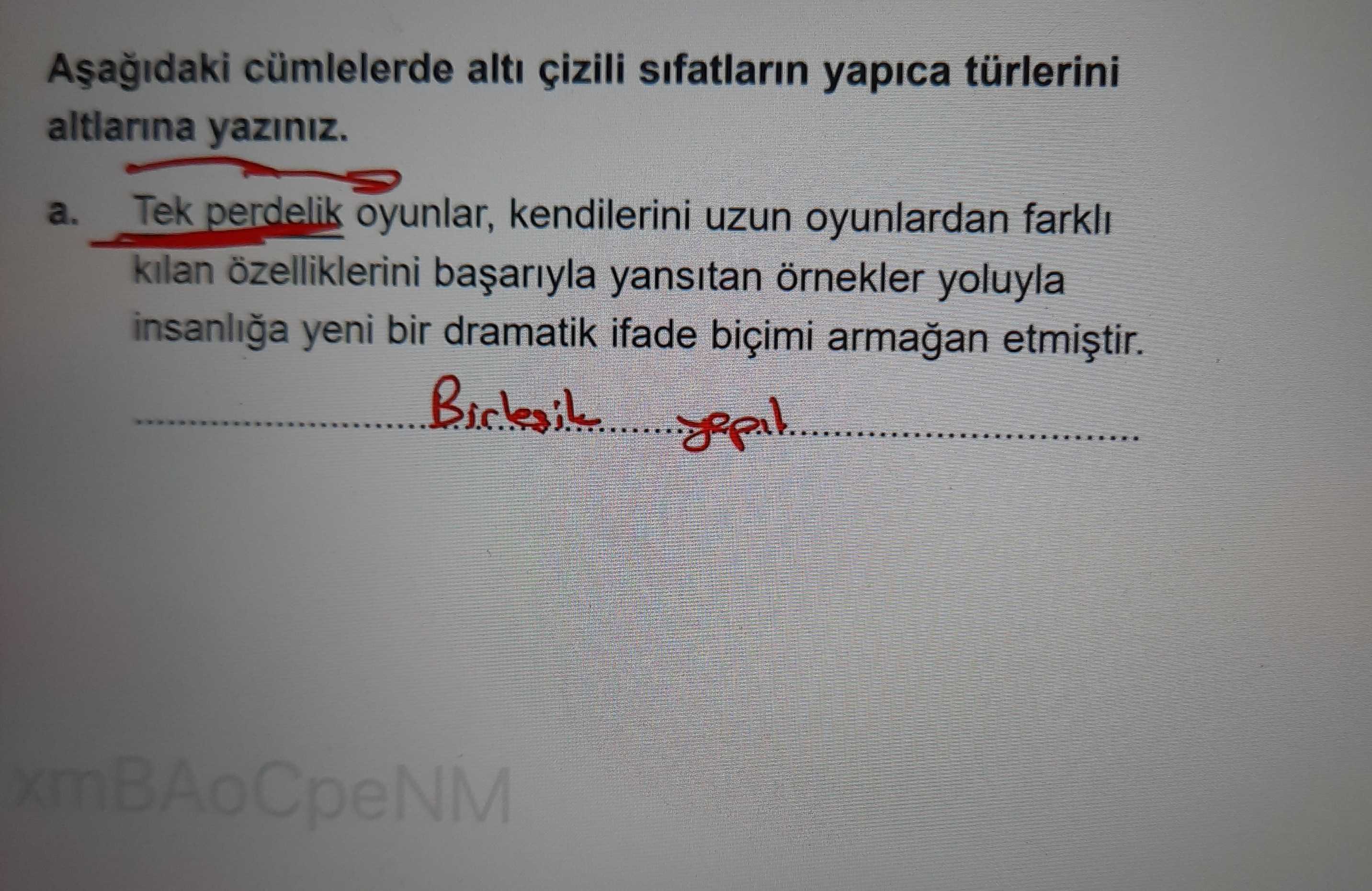 Aşağıdaki cümlelerde altı çizili sıfatların yapıca türlerini altlarına yazınız. a. Tek perdelik