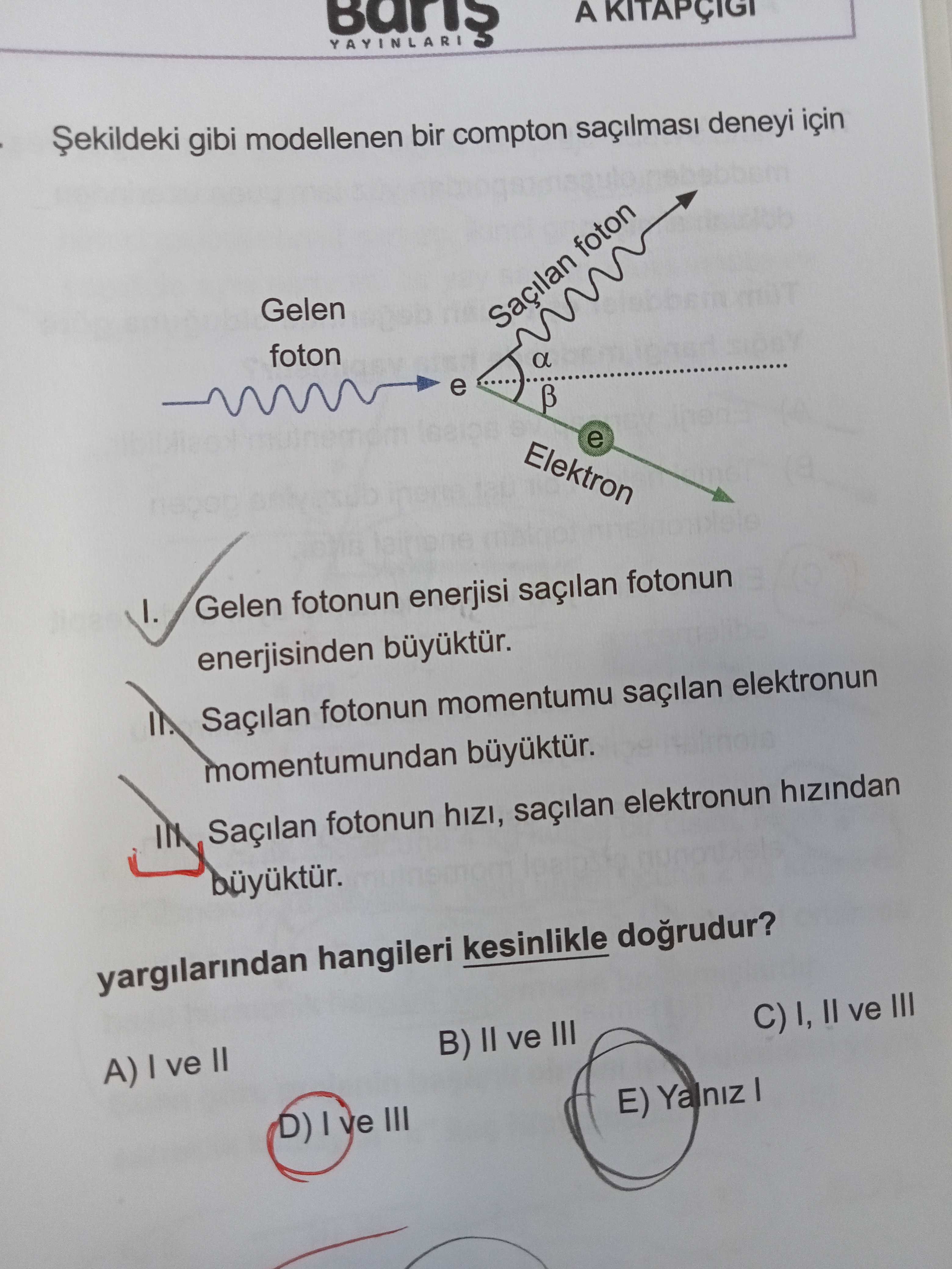 Şekildeki gibi modellenen bir compton saçılması deneyi için I. Gelen fotonun enerjisi saçılan
