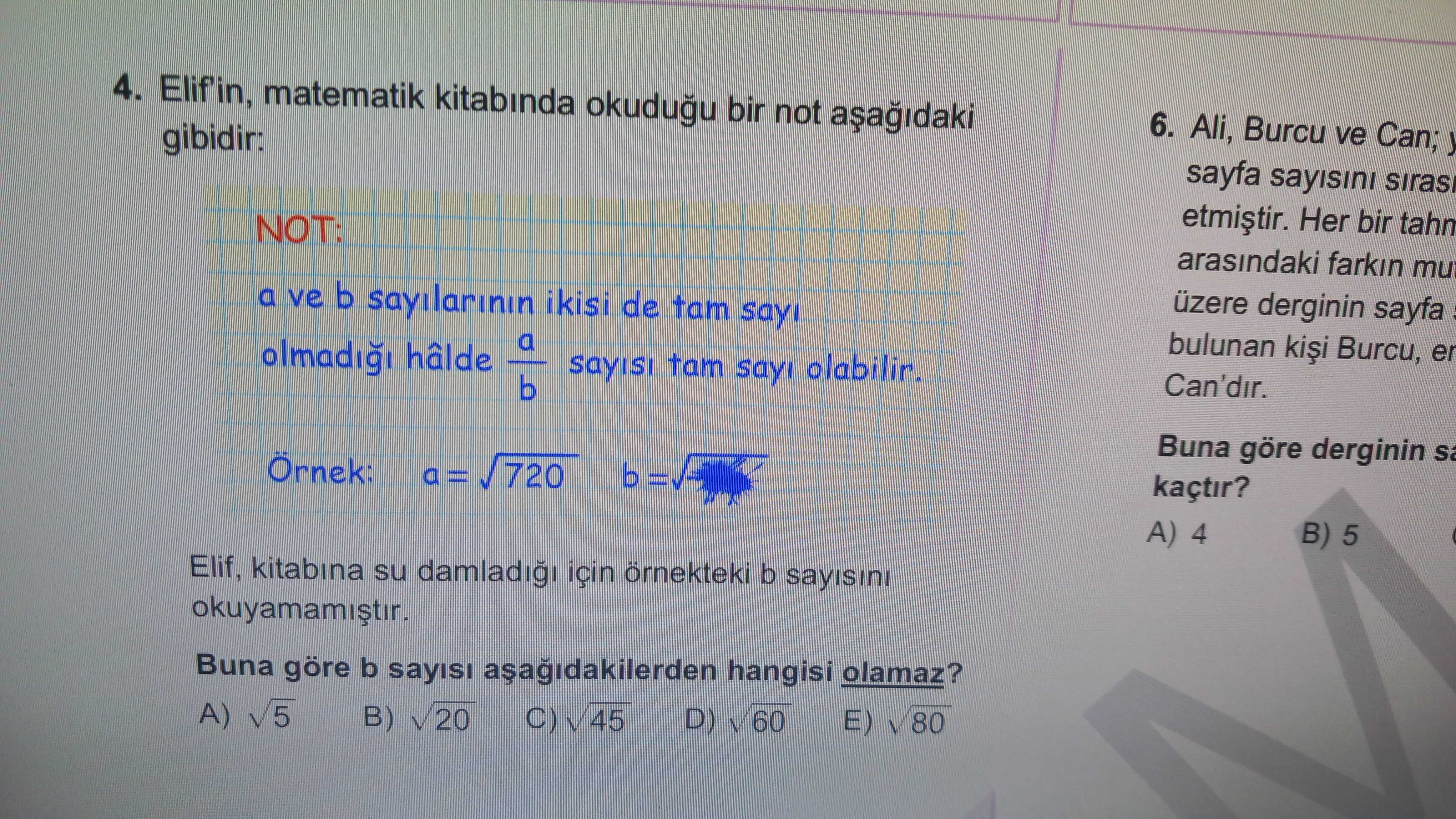 Elif'in, matematik kitabında okuduğu bir not aşağıdaki gibidir: NOT: a ve b sayılarının ikisi de tam