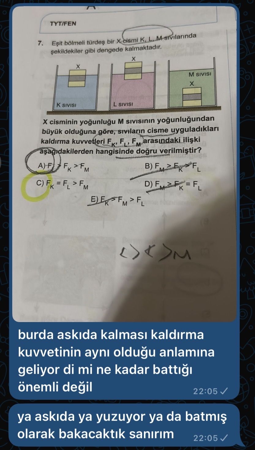 Eşit bölmeli türdeş bir X cismi K, L, M sıvılarında şekildekiler gibi dengede kalmaktadır. X