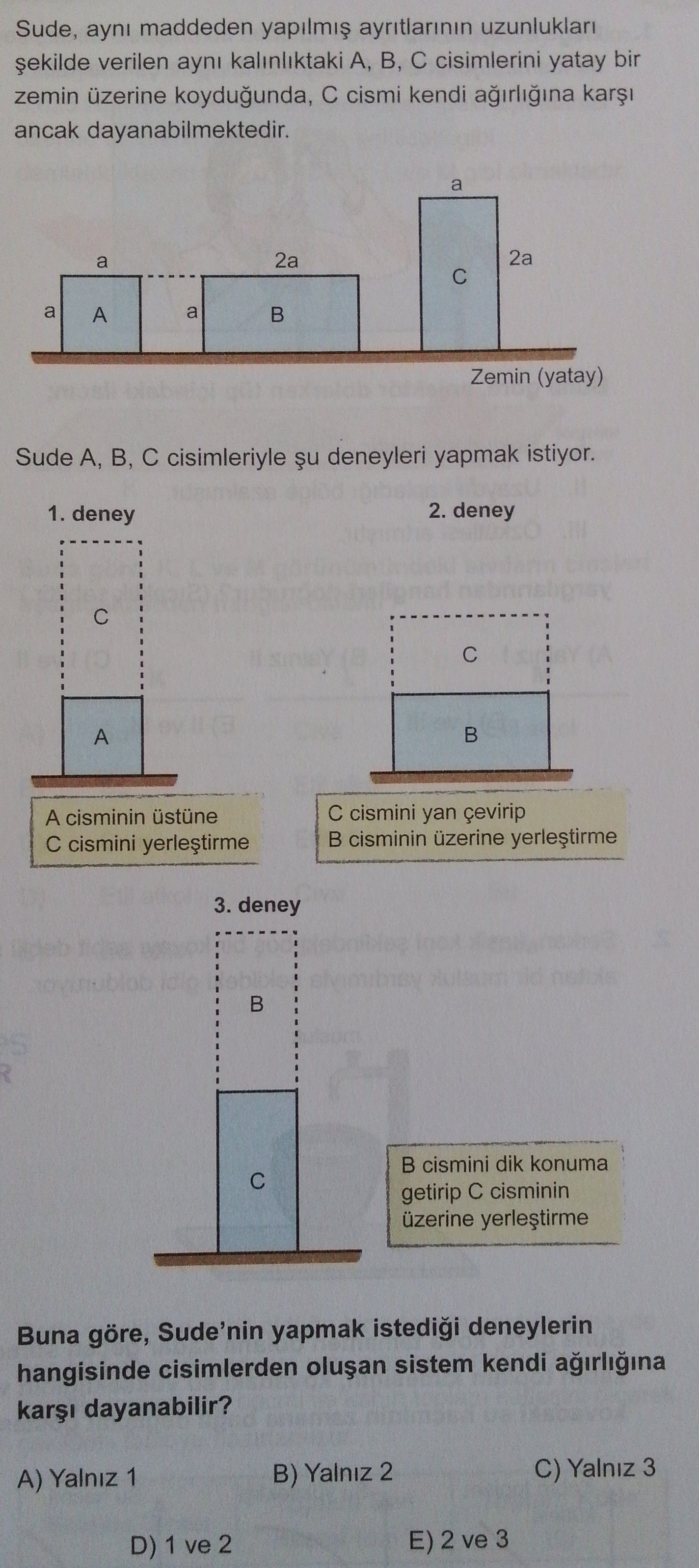 Sude, aynı maddeden yapılmış ayrıtlarının uzunlukları şekilde verilen aynı kalınlıktaki A, B, C