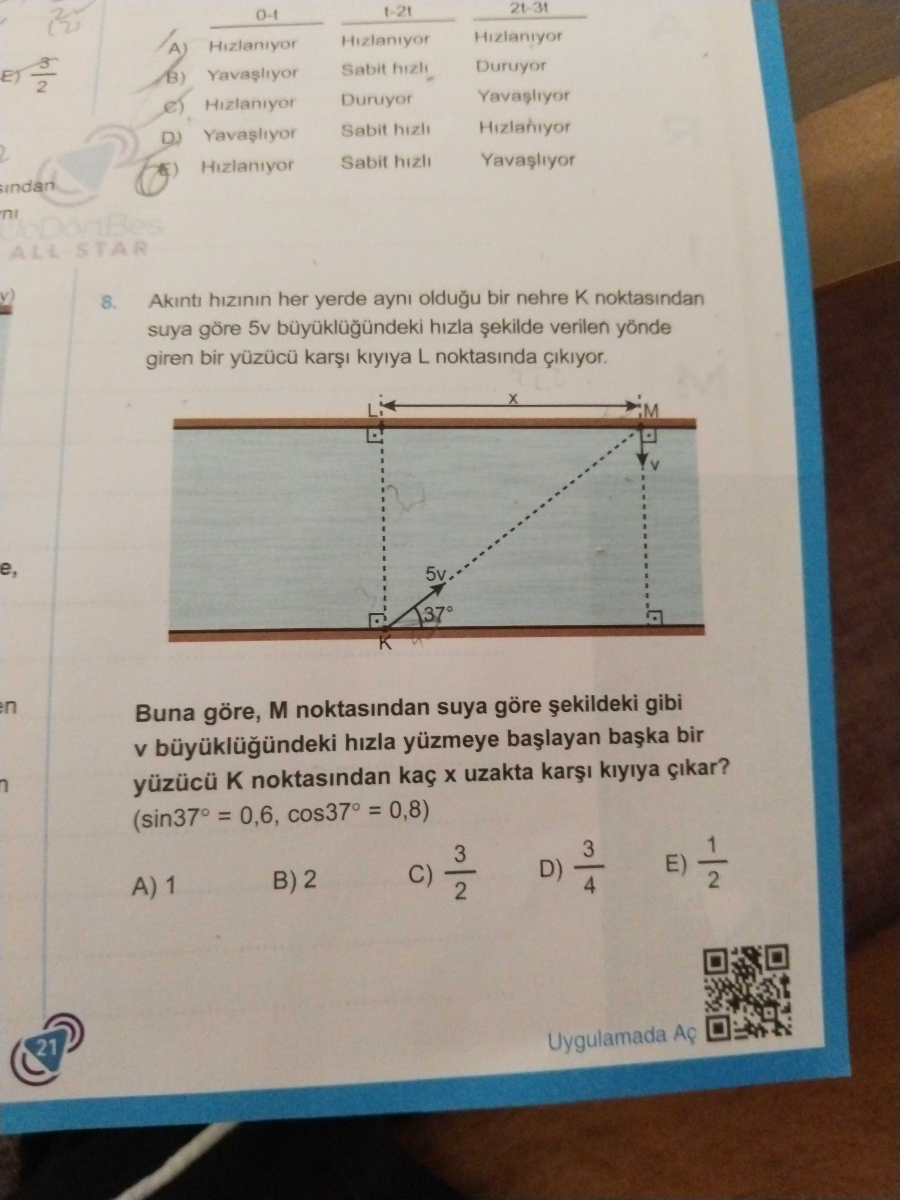 Akıntı hızının her yerde aynı olduğu bir nehre K noktasından suya göre 5v büyüklüğündeki hızla