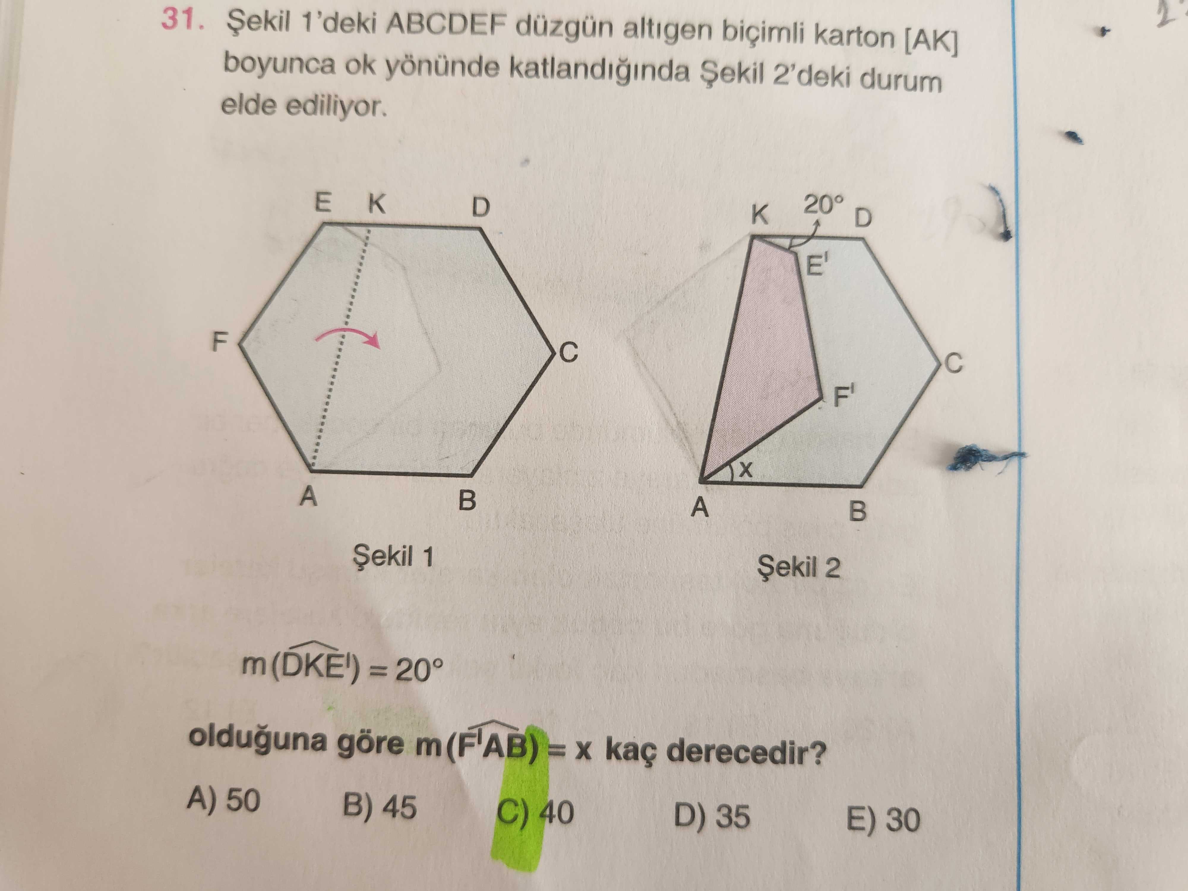 kesimi boyunca ok yönünde katlama gösteriliyor. Şekil 2: Katlandıktan sonraki durum, E' ve F'