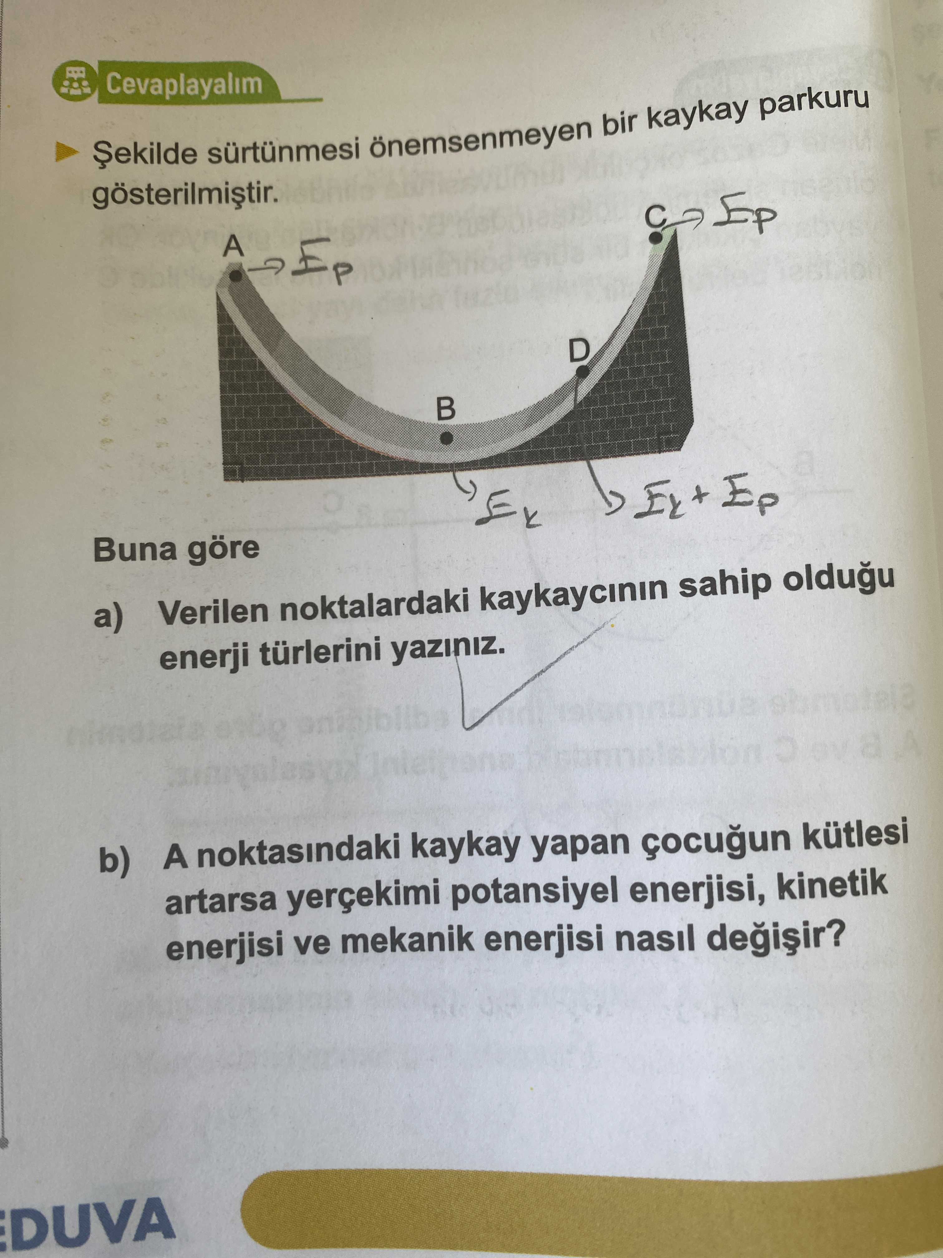 Şekilde sürtünmesi önemsenmeyen bir kaykay parkuru gösterilmiştir. Buna göre a) Verilen noktalardaki