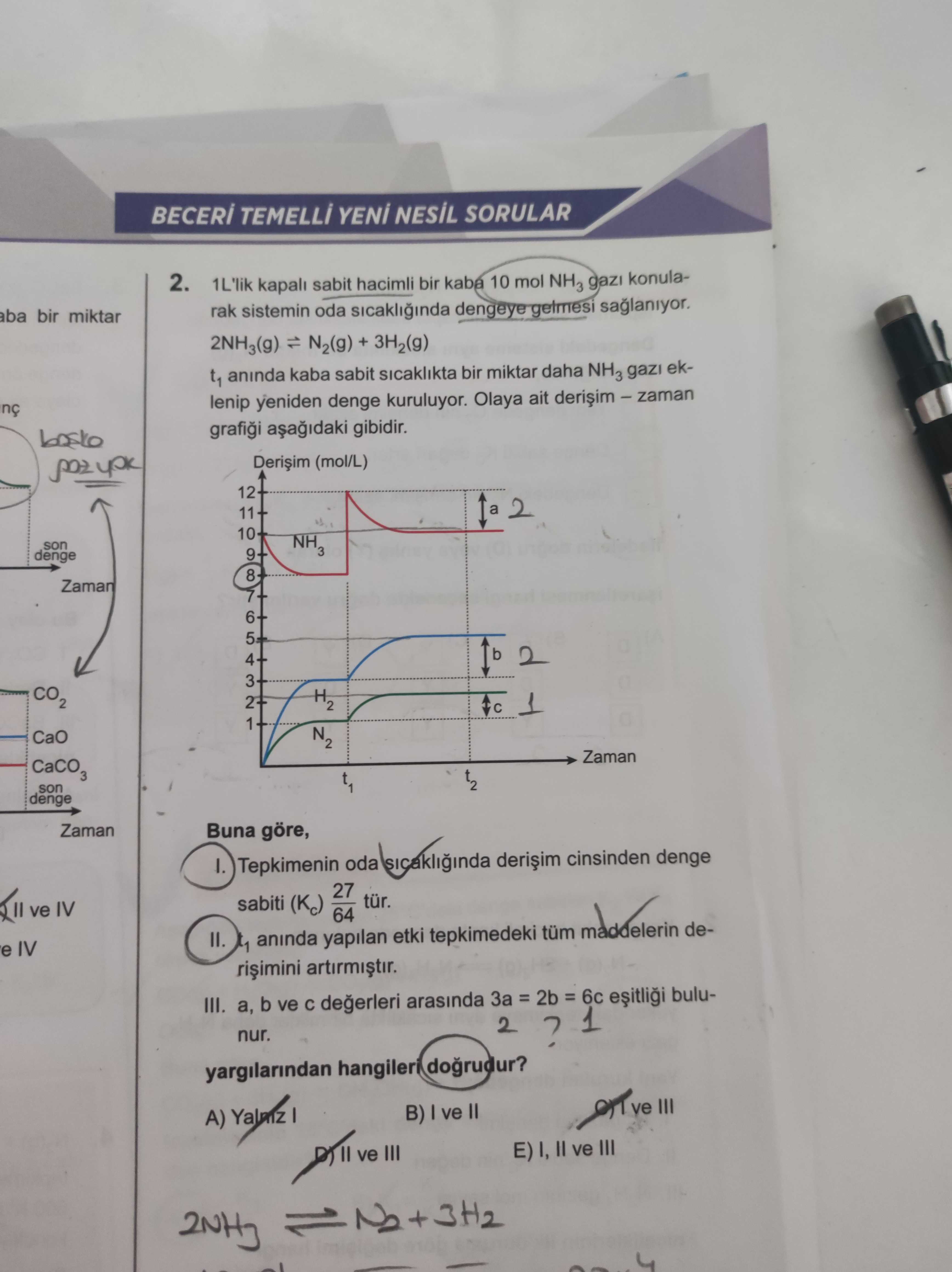 1L'lik kapalı sabit hacimli bir kaba 10 mol NH₃ gazı konularak sistemin oda sıcaklığında dengeye