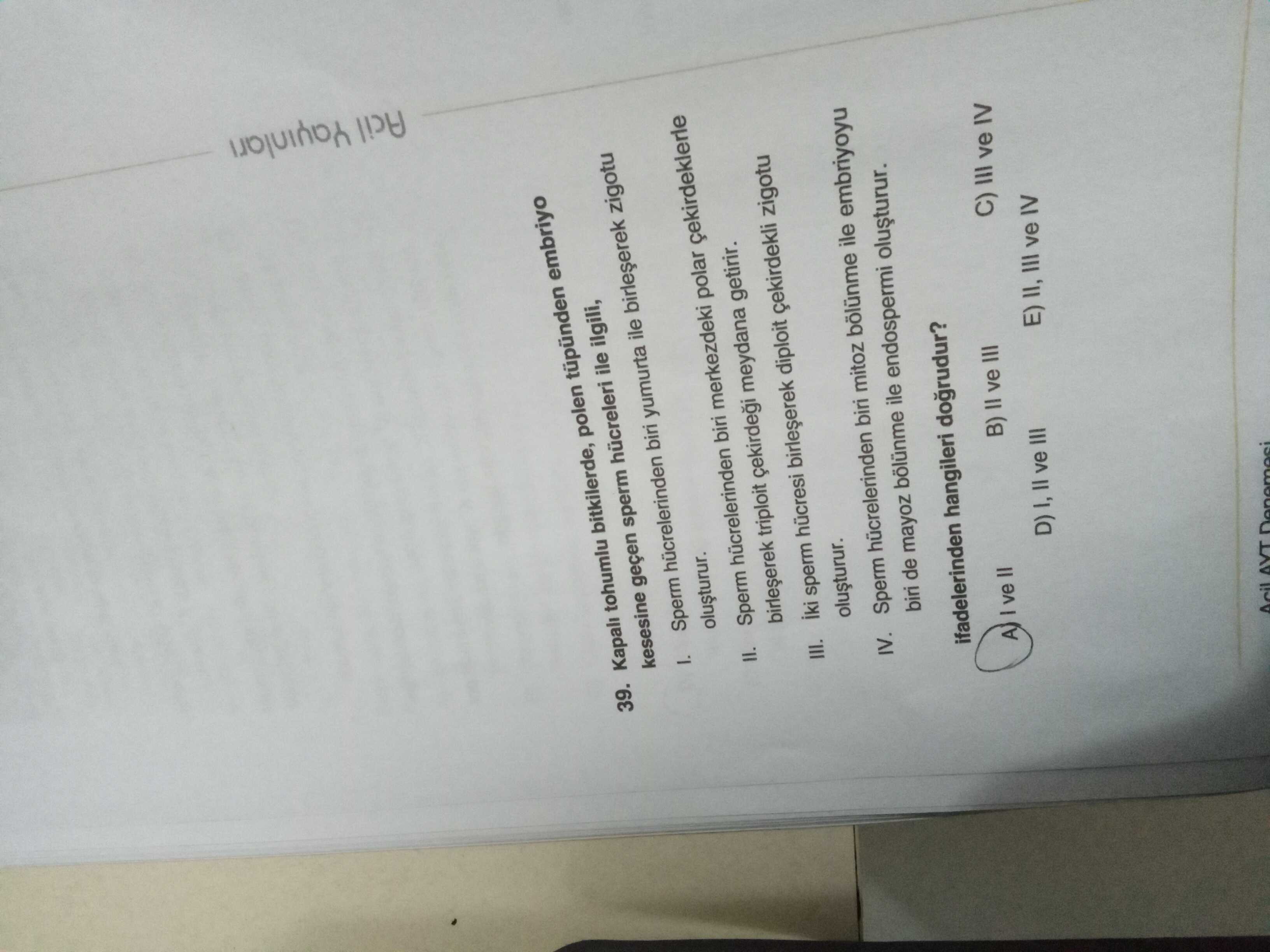 Kapalı tohumlu bitkilerde, polen tüpünden embriyo kesesine geçen sperm hücreleri ile ilgili, I