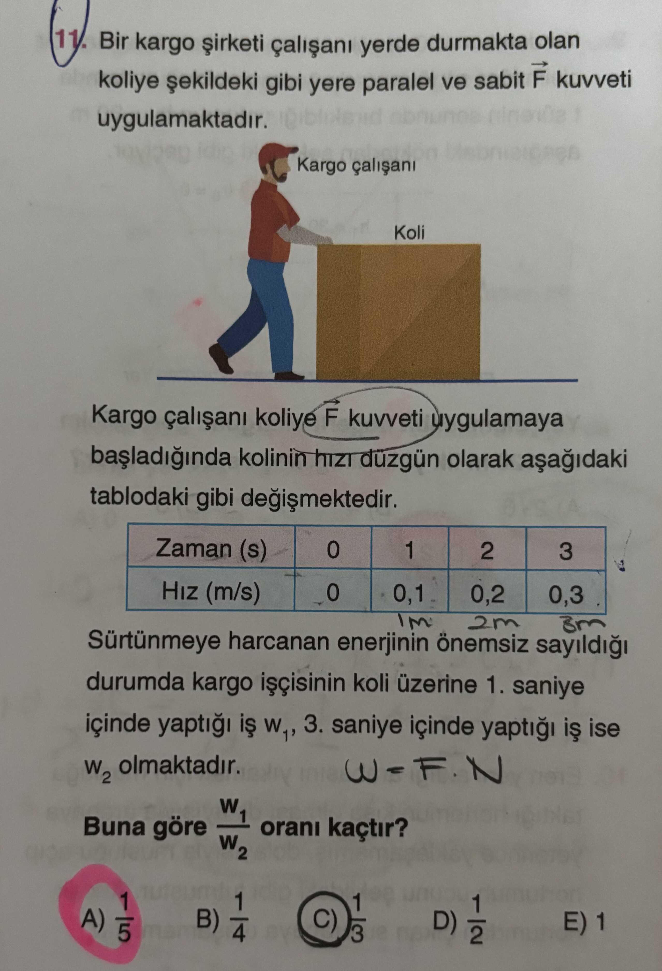 Bir kargo şirketi çalışanı yerde durmakta olan koliye şekildeki gibi yere paralel ve sabit F⃗