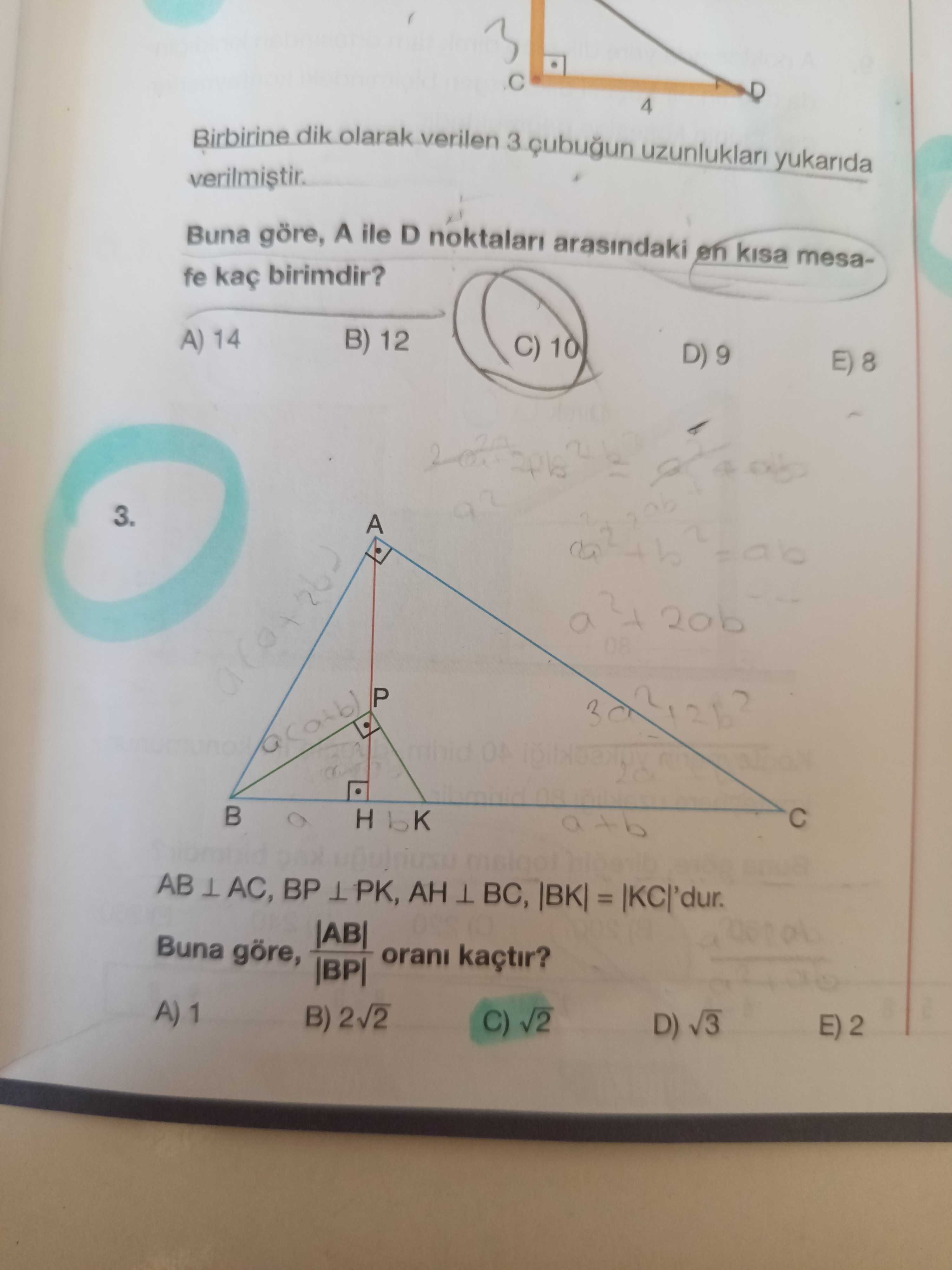 AB ⊥ AC, BP ⊥ PK, AH ⊥ BC, |BK| = |KC|'dur. Buna göre, |AB|/|BP| oranı kaçtır?