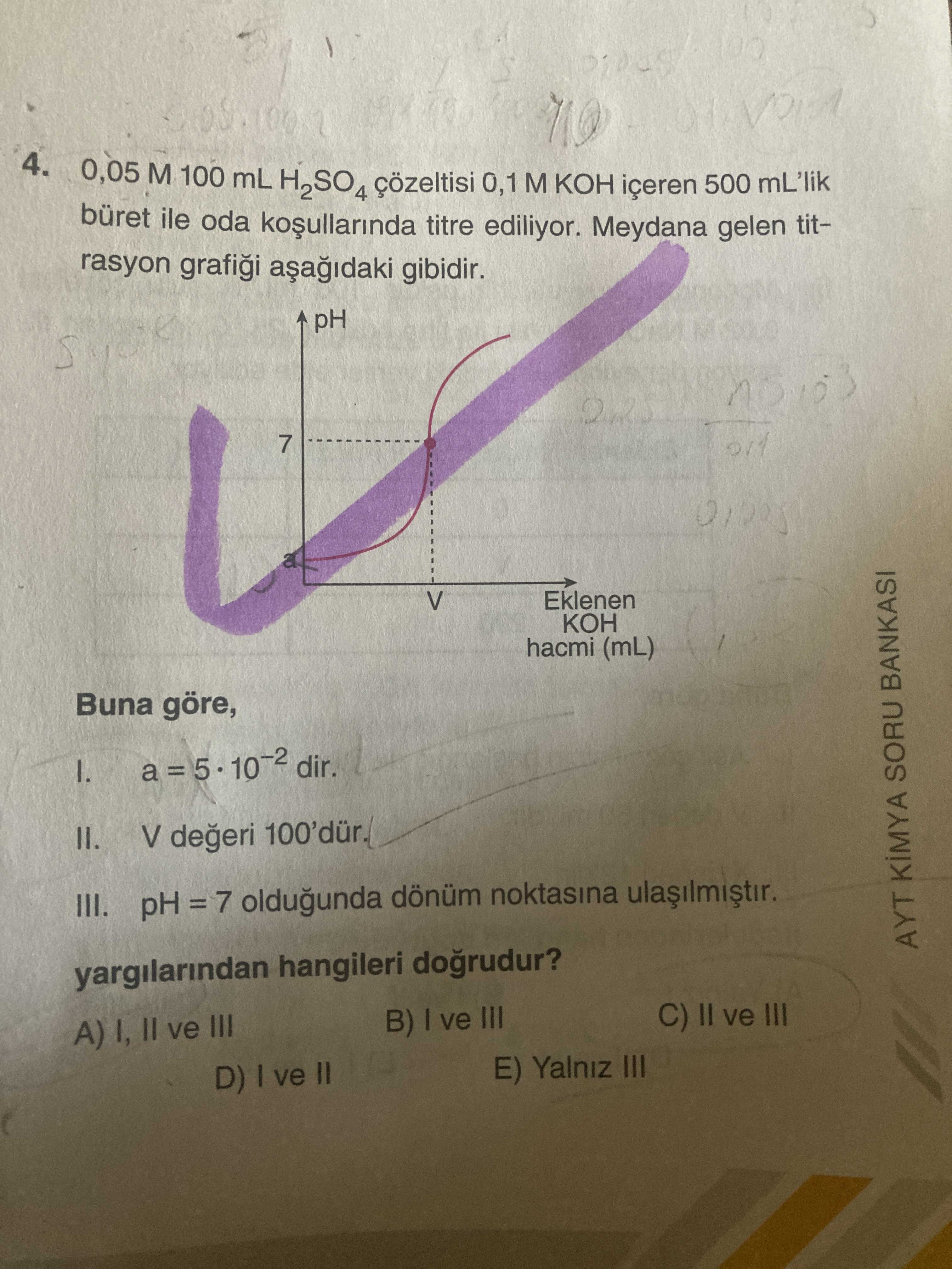 0,05 M 100 mL H₂SO₄ çözeltisi 0,1 M KOH içeren 500 mL'lik büret ile oda koşullarında titre ediliyor