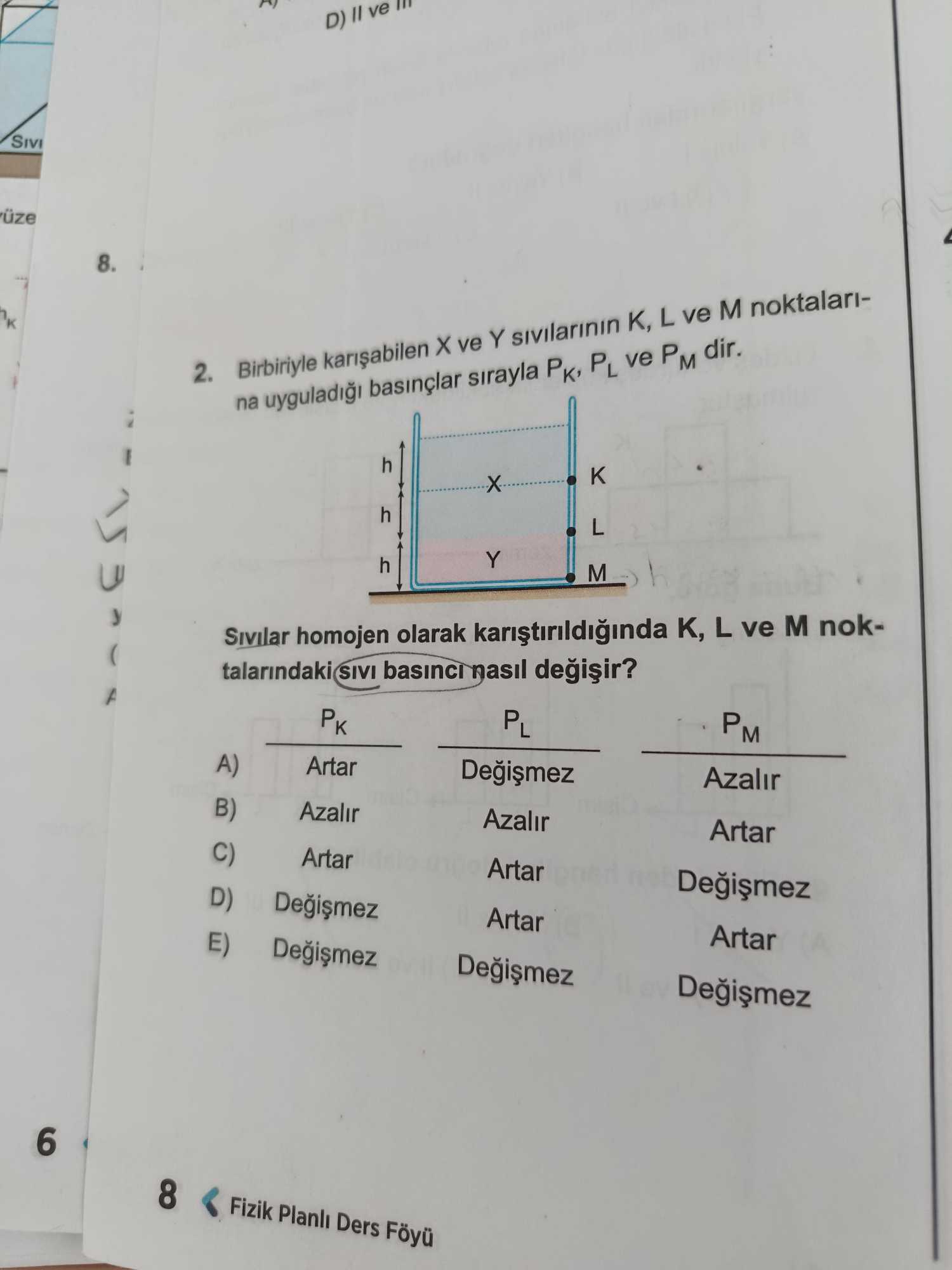 Birbiriyle karışabilen X ve Y sıvılarının K, L ve M noktalarına uyguladığı basınçlar sırayla P_K