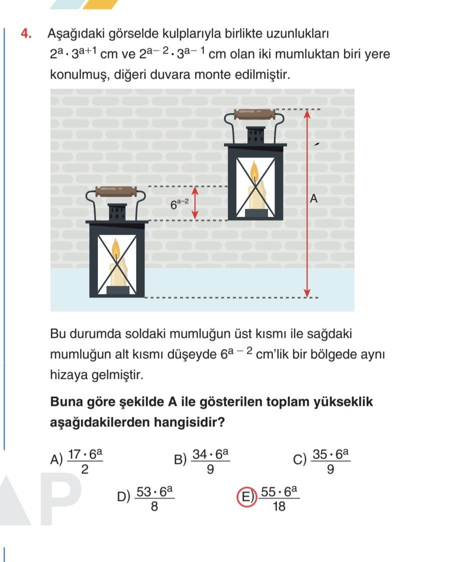 Aşağıdaki görselde kulplarıyla birlikte uzunlukları 2^a · 3^(a+1) cm ve 2^(a-2) · 3^(a-1) cm olan