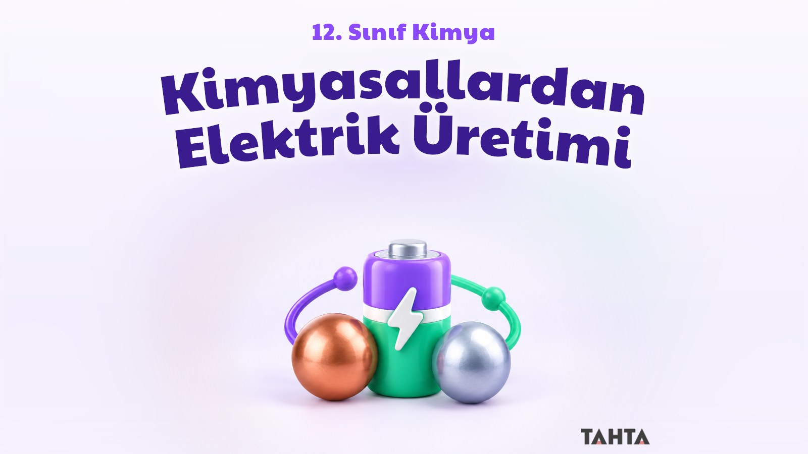 Kimyasal enerjiden elektrik üretimini simgeleyen mor ve yeşil 3B pil illüstrasyonu