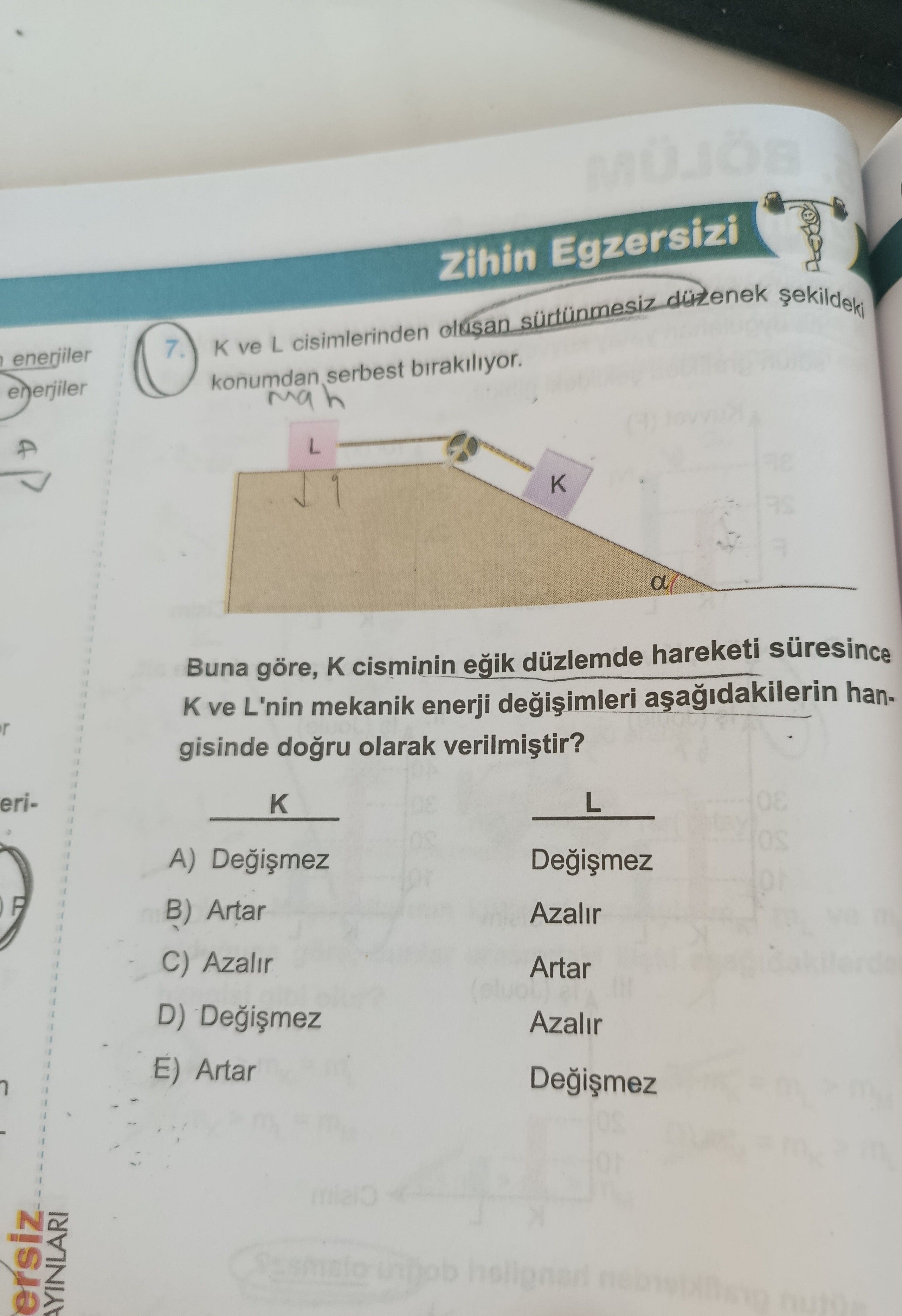 K ve L cisimlerinden oluşan sürtünmesiz düzenek şekildeki konumdan serbest bırakılıyor. Buna göre, K