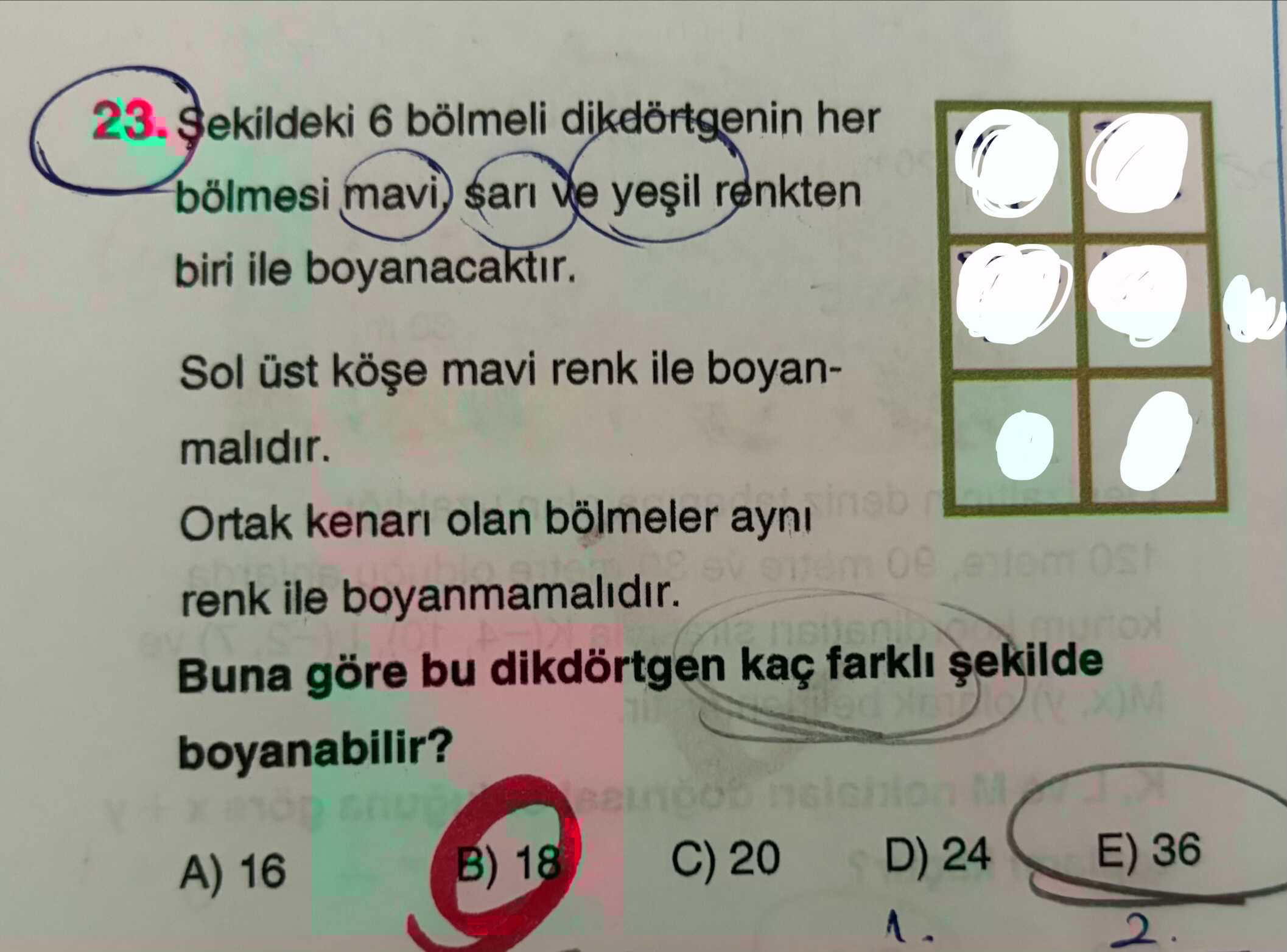 Şekildeki 6 bölmeli dikdörtgenin her bölmesi mavi, sarı ve yeşil renkten biri ile boyanacaktır. Sol