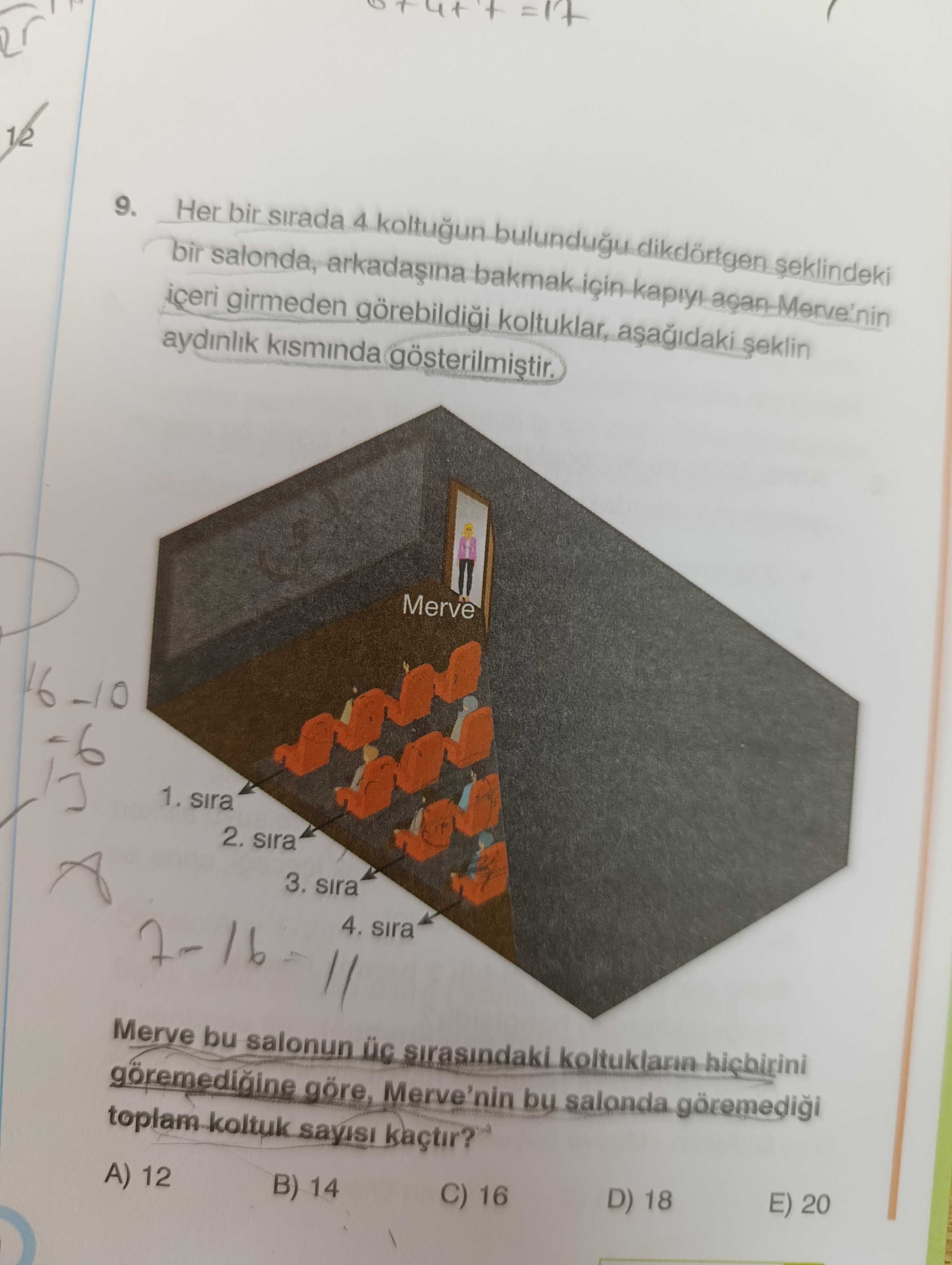 Her bir sırada 4 koltuğun bulunduğu dikdörtgen şeklindeki bir salonda, arkadaşına bakmak için kapıyı