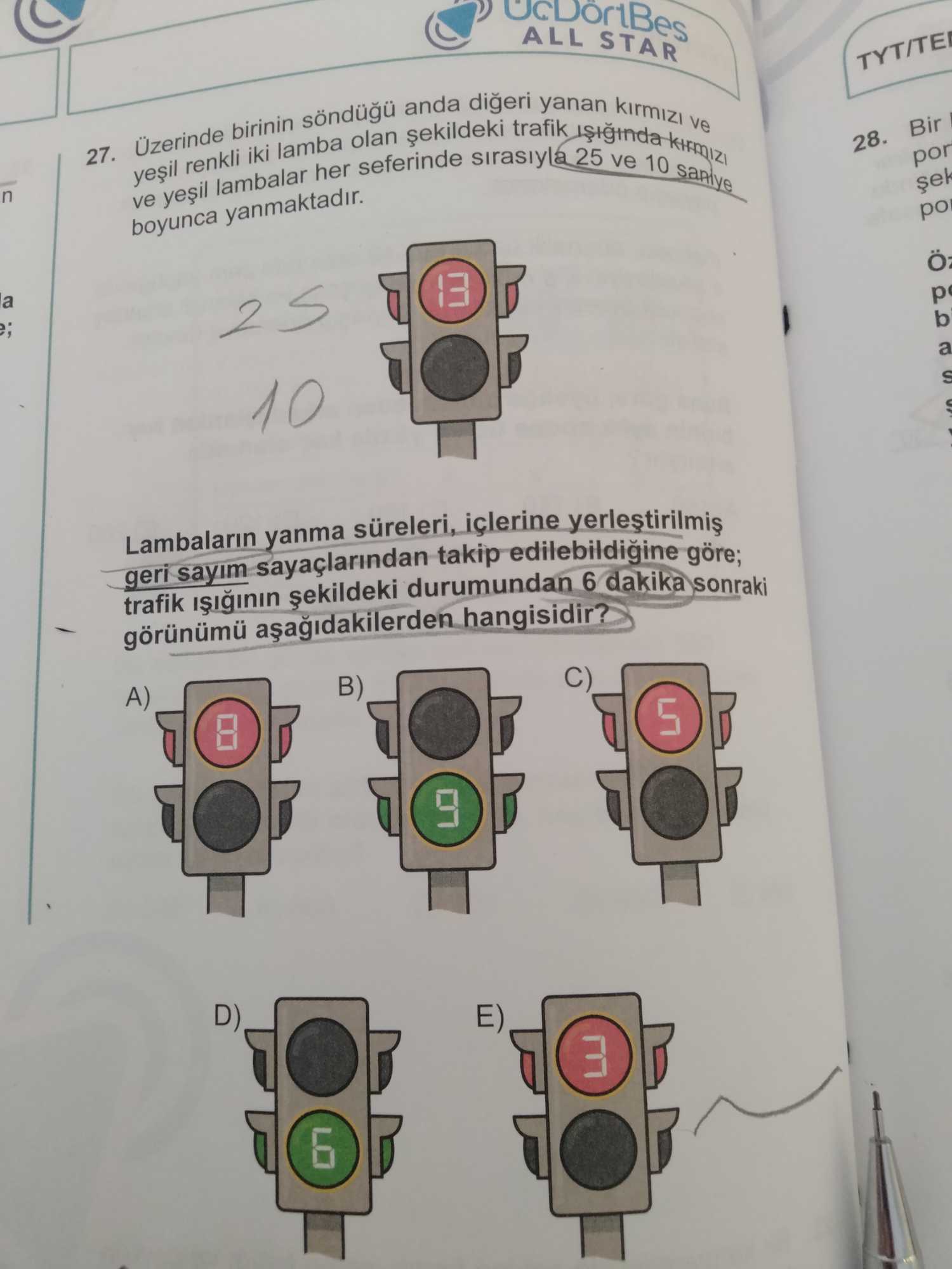 Üzerinde birinin söndüğü anda diğeri yanan kırmızı ve yeşil renkli iki lamba olan şekildeki trafik