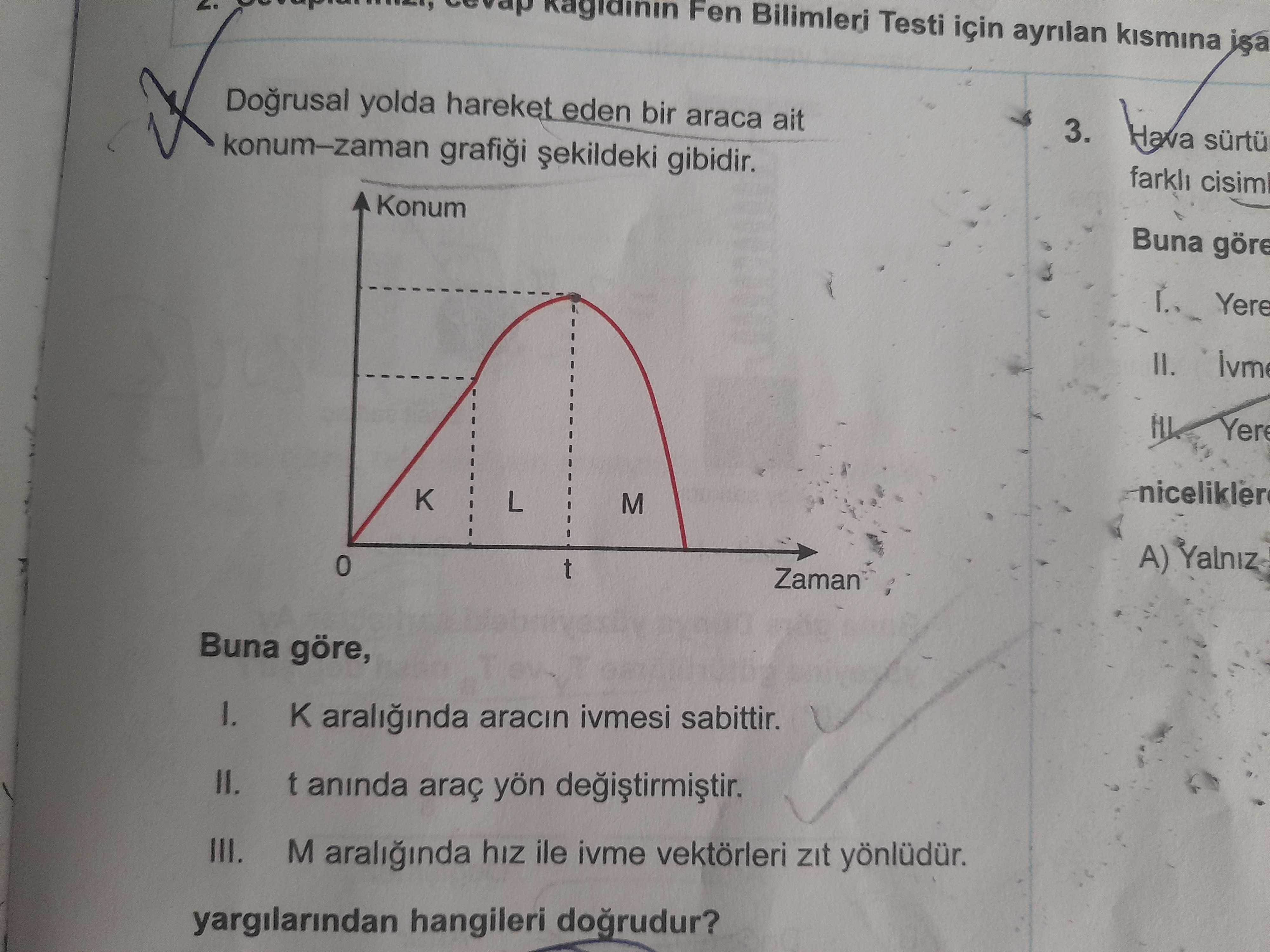 Doğrusal yolda hareket eden bir araca ait konum–zaman grafiği şekildeki gibidir. Buna göre, I. K
