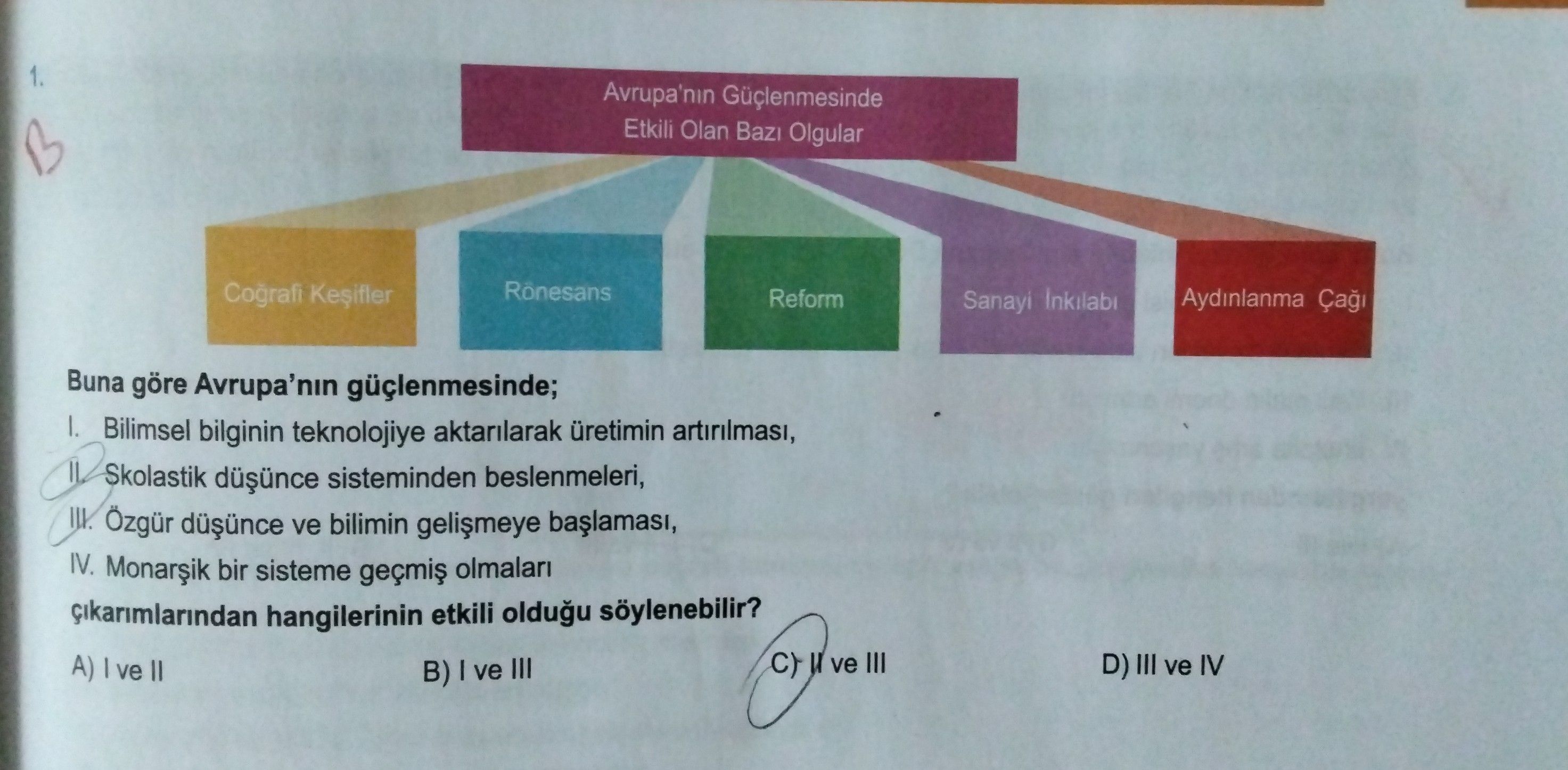Buna göre Avrupa'nın güçlenmesinde; I. Bilimsel bilginin teknolojiye aktarılarak üretimin