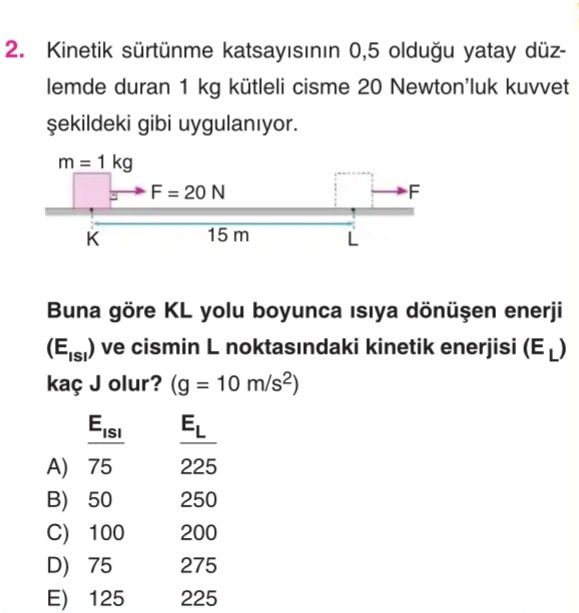Kinetik sürtünme katsayısının 0,5 olduğu yatay düzlemde duran 1 kg kütleli cisme 20 Newton'luk
