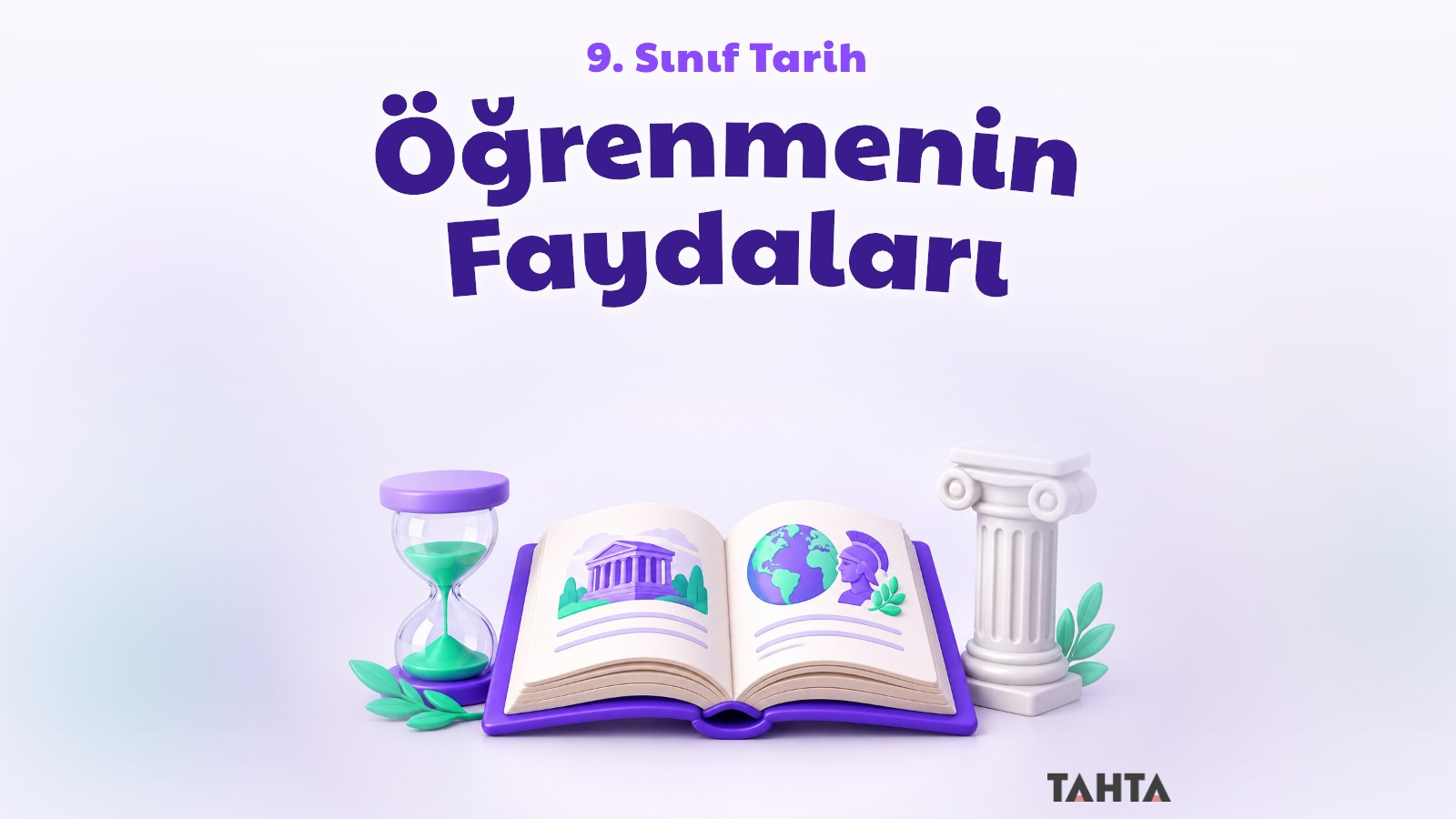 Açık eski bir kitap, kum saati ve küçük sütundan oluşan tarih dersi kapak görseli