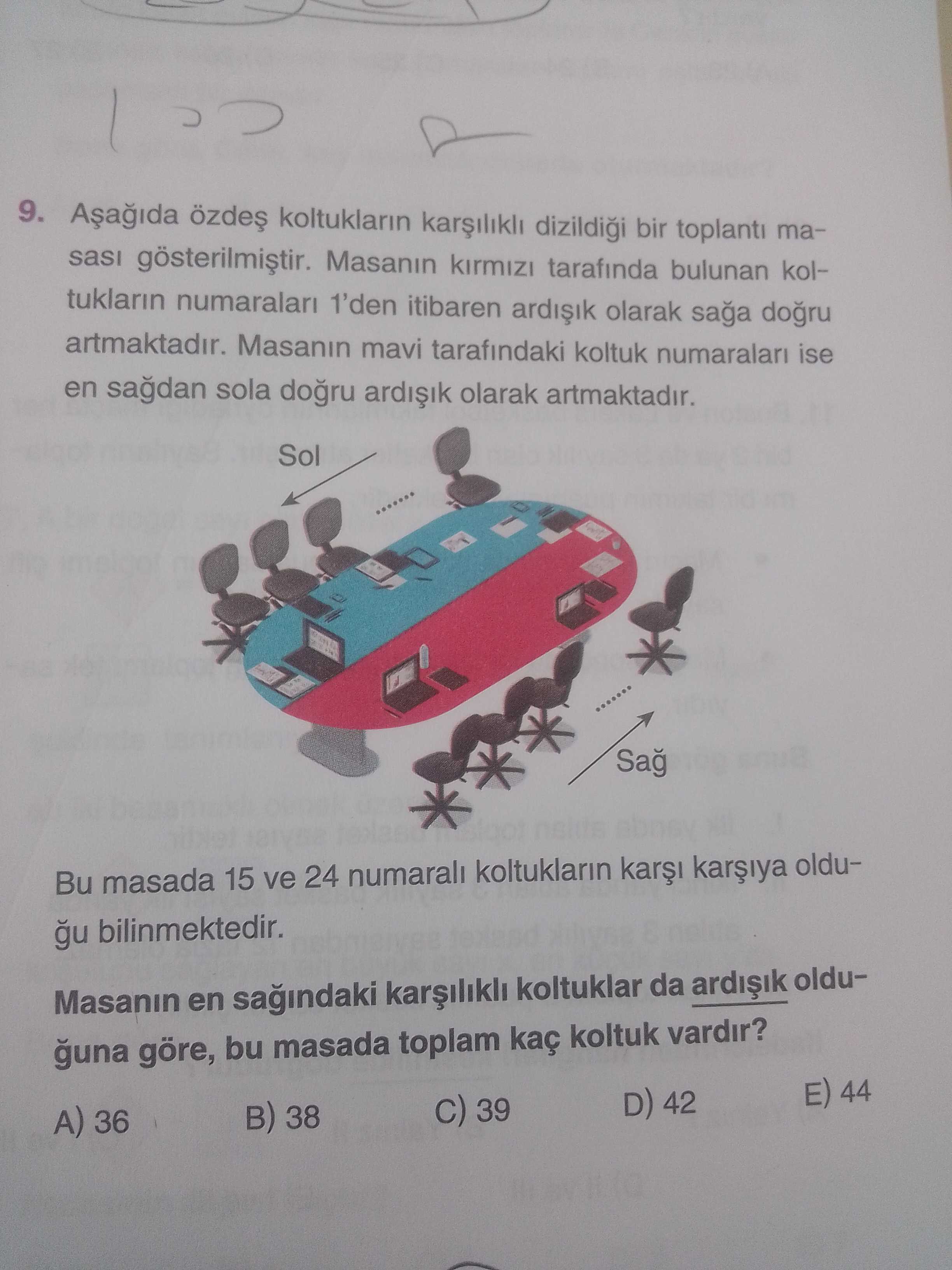 Aşağıda özdeş koltukların karşılıklı dizildiği bir toplantı masası gösterilmiştir. Masanın kırmızı