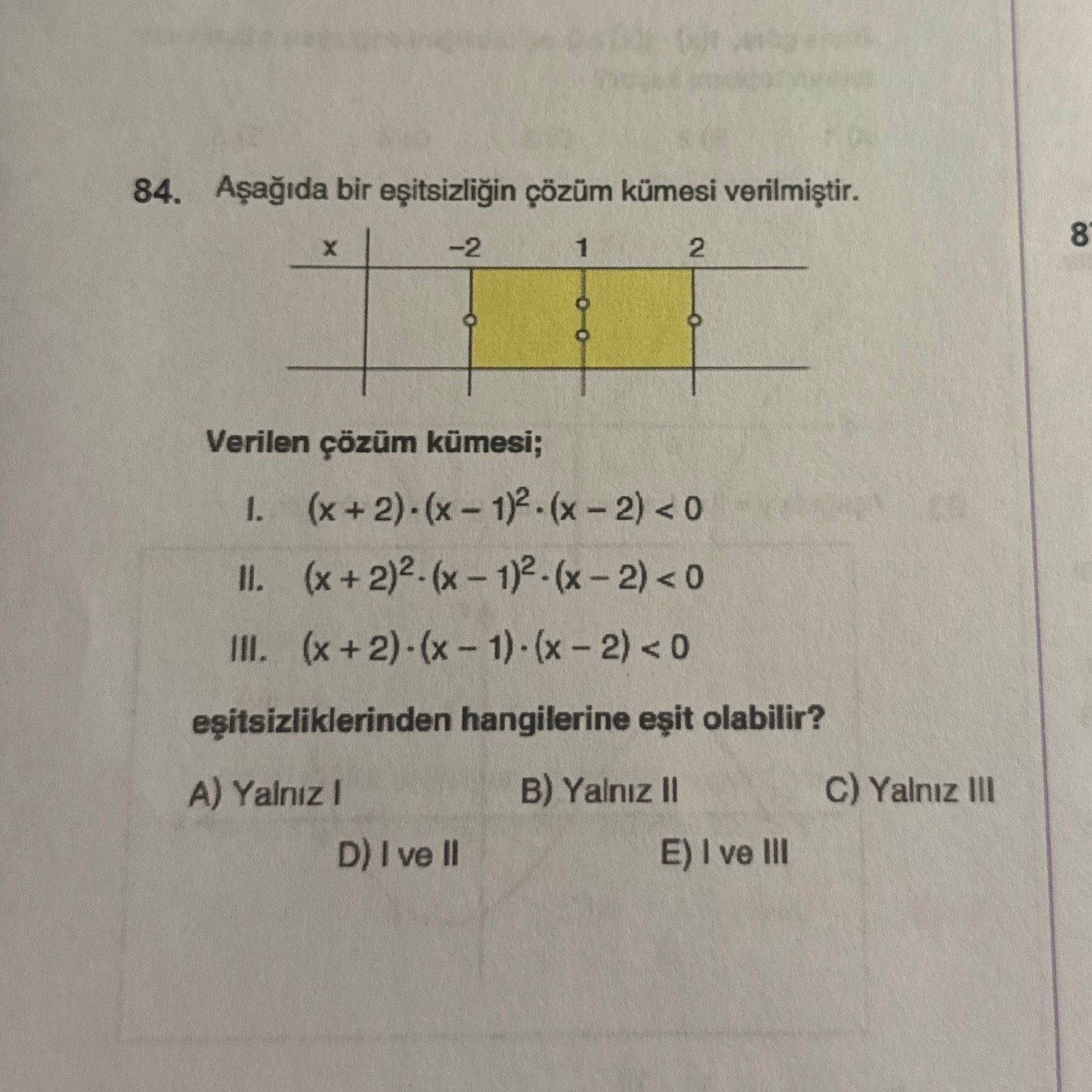 Aşağıda bir eşitsizliğin çözüm kümesi verilmiştir. Verilen çözüm kümesi; I. (x + 2)·(x – 1)²·(x – 2)