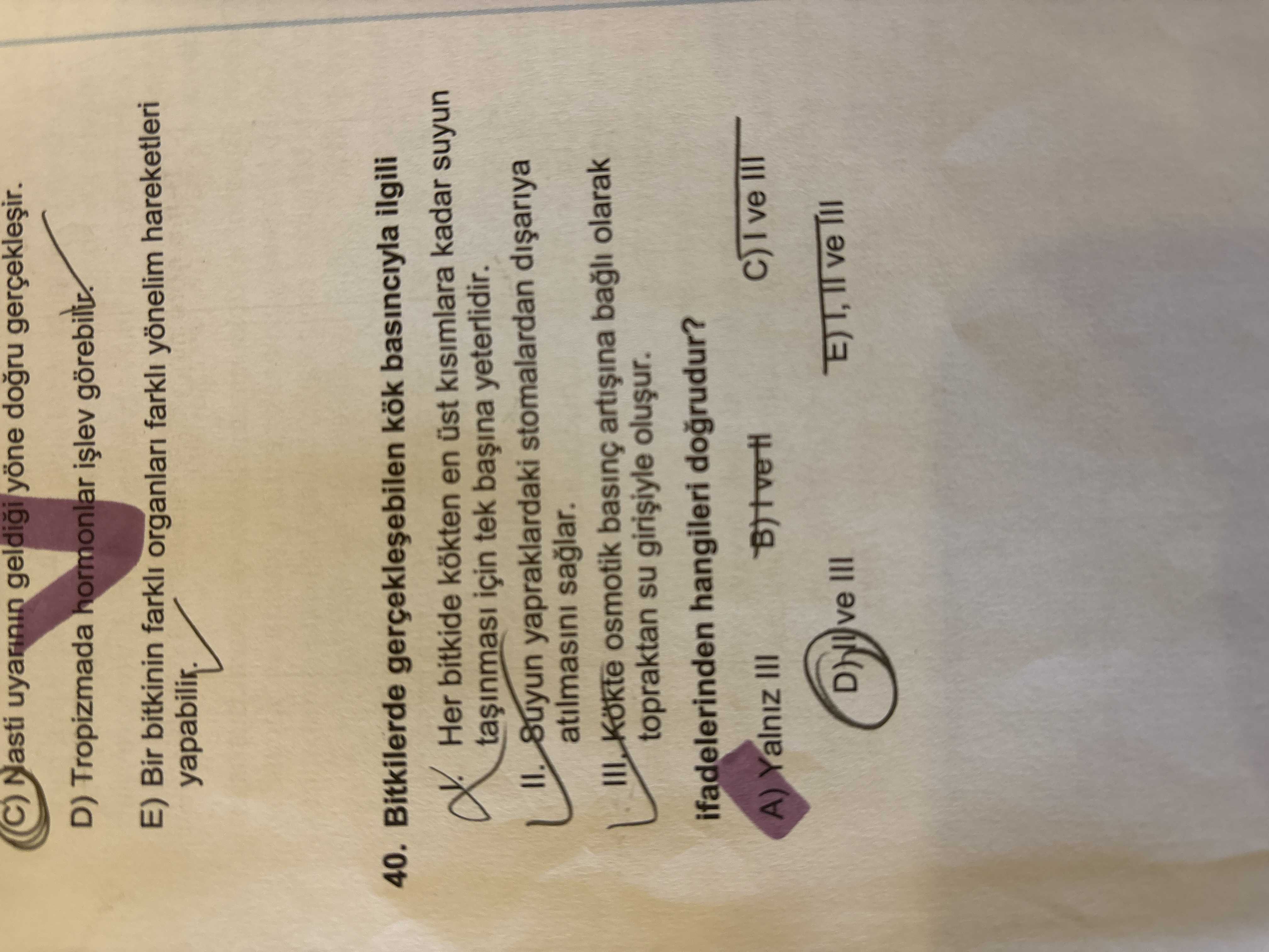 Bitkilerde gerçekleşebilen kök basıncıyla ilgili I. Her bitkide kökten en üst kısımlara kadar suyun