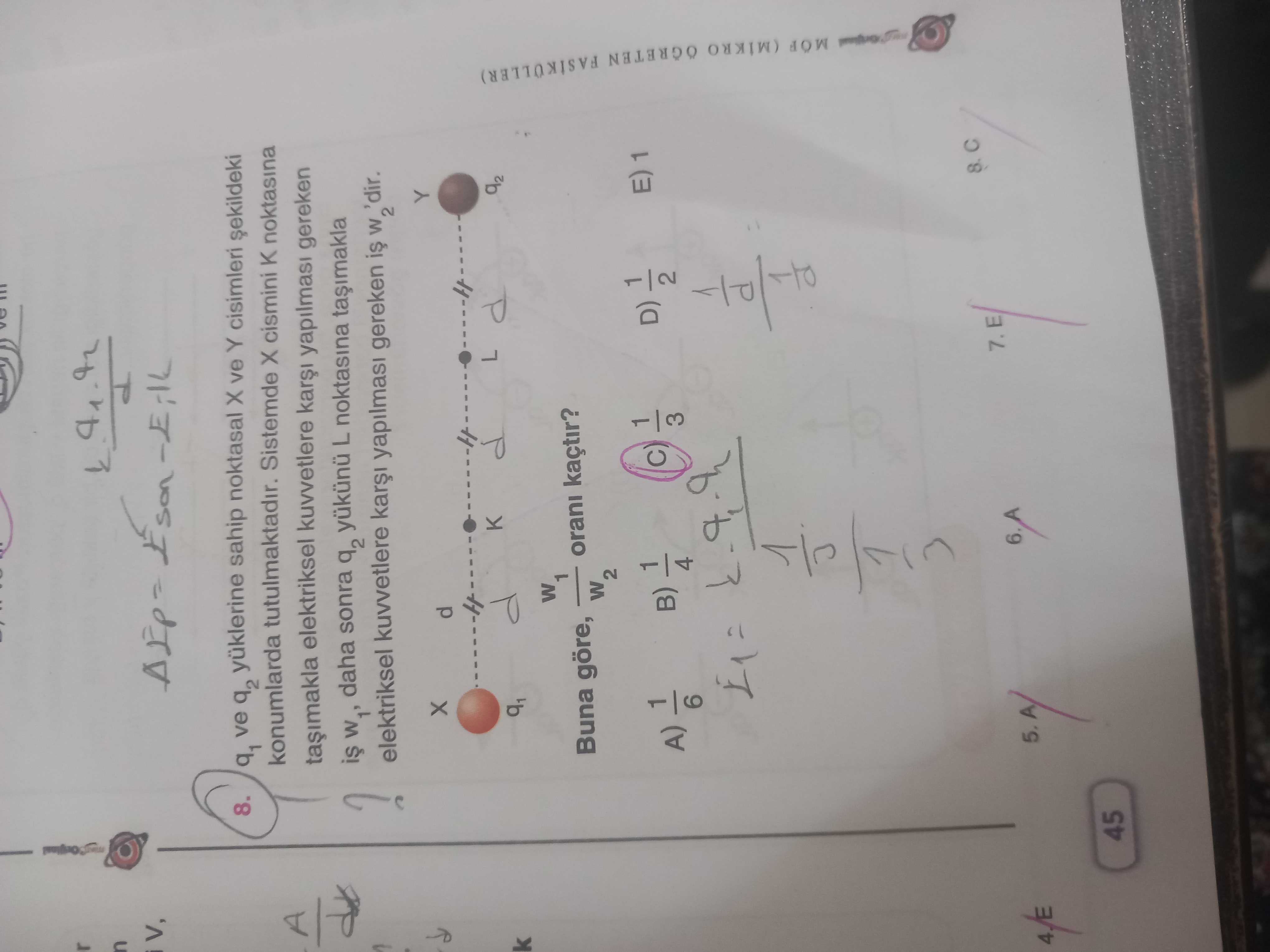 q₁ ve q₂ yüklerine sahip noktasal X ve Y cisimleri şekildeki konumlarda tutulmaktadır. Sistemde X